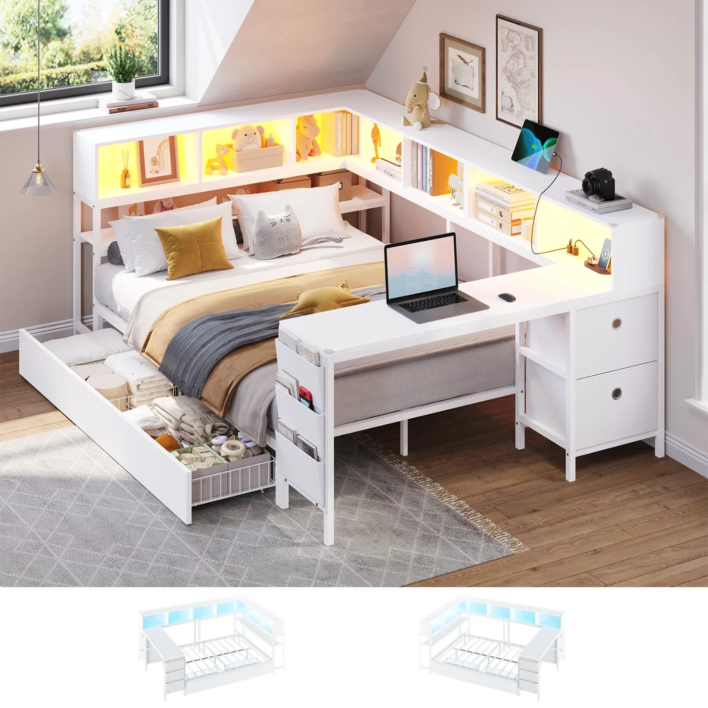 Twin Corner Bed with Storage Drawers Led Lights Desk, white