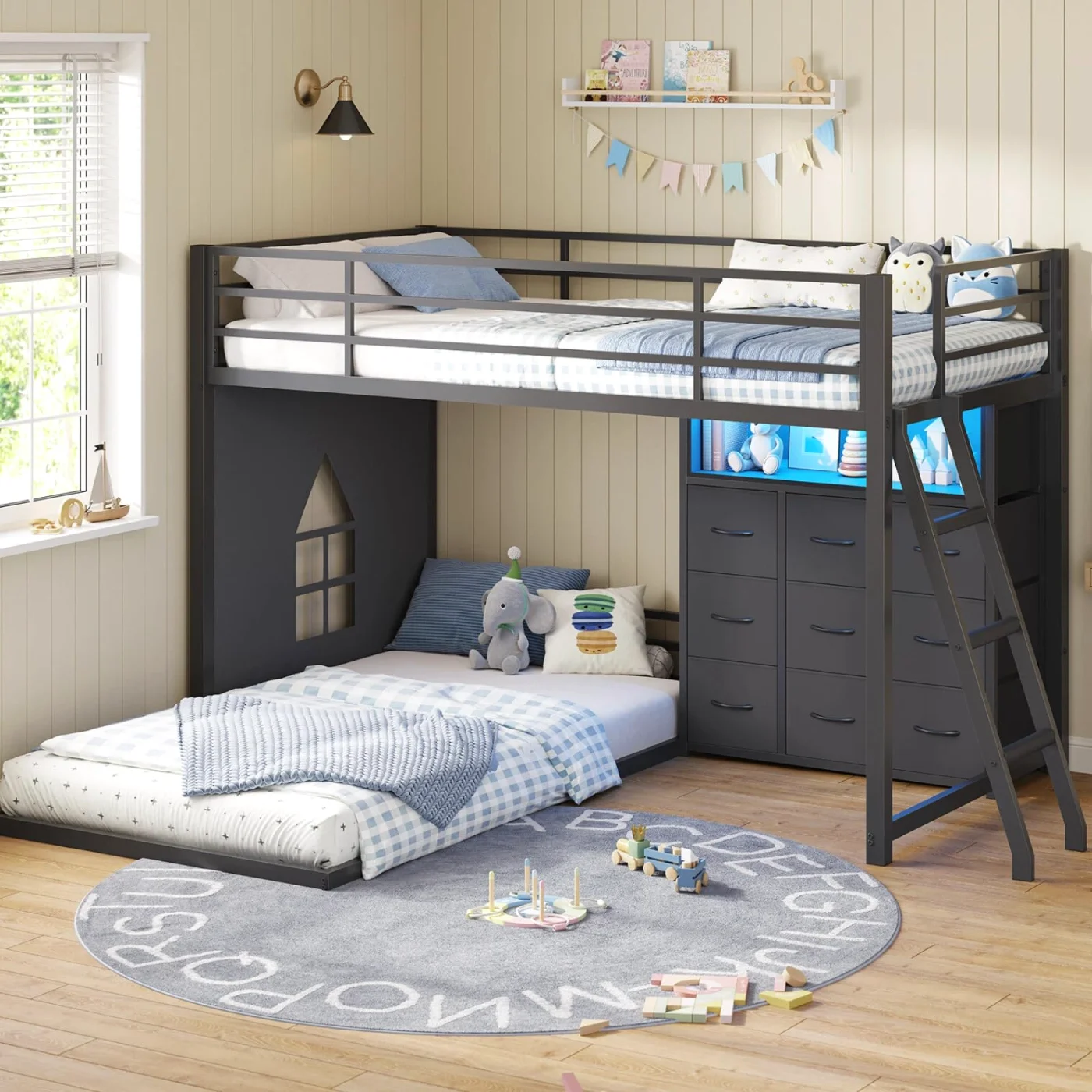 Twin Bunk Bed with Storage Drawers & Open Shelf, black