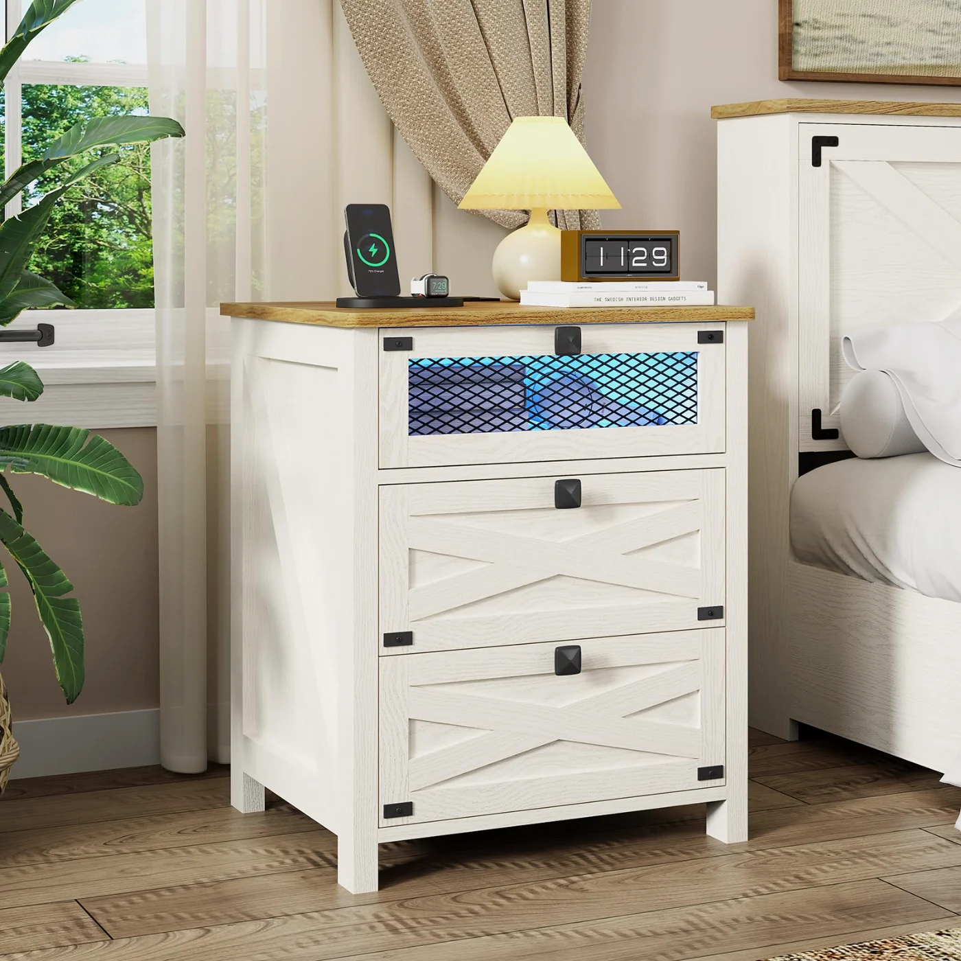 White Nightstand With Charging Station And Led, brown