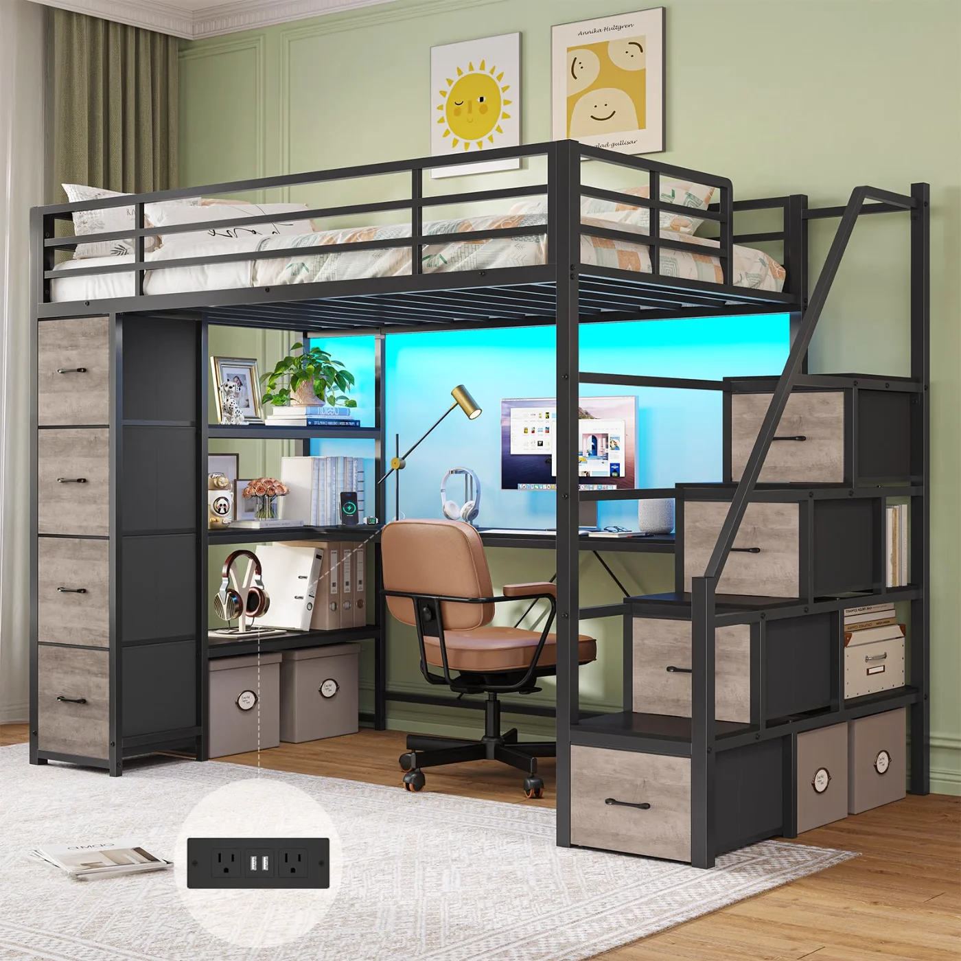 Twin Loft Bed with Storage Stairs, Black, black