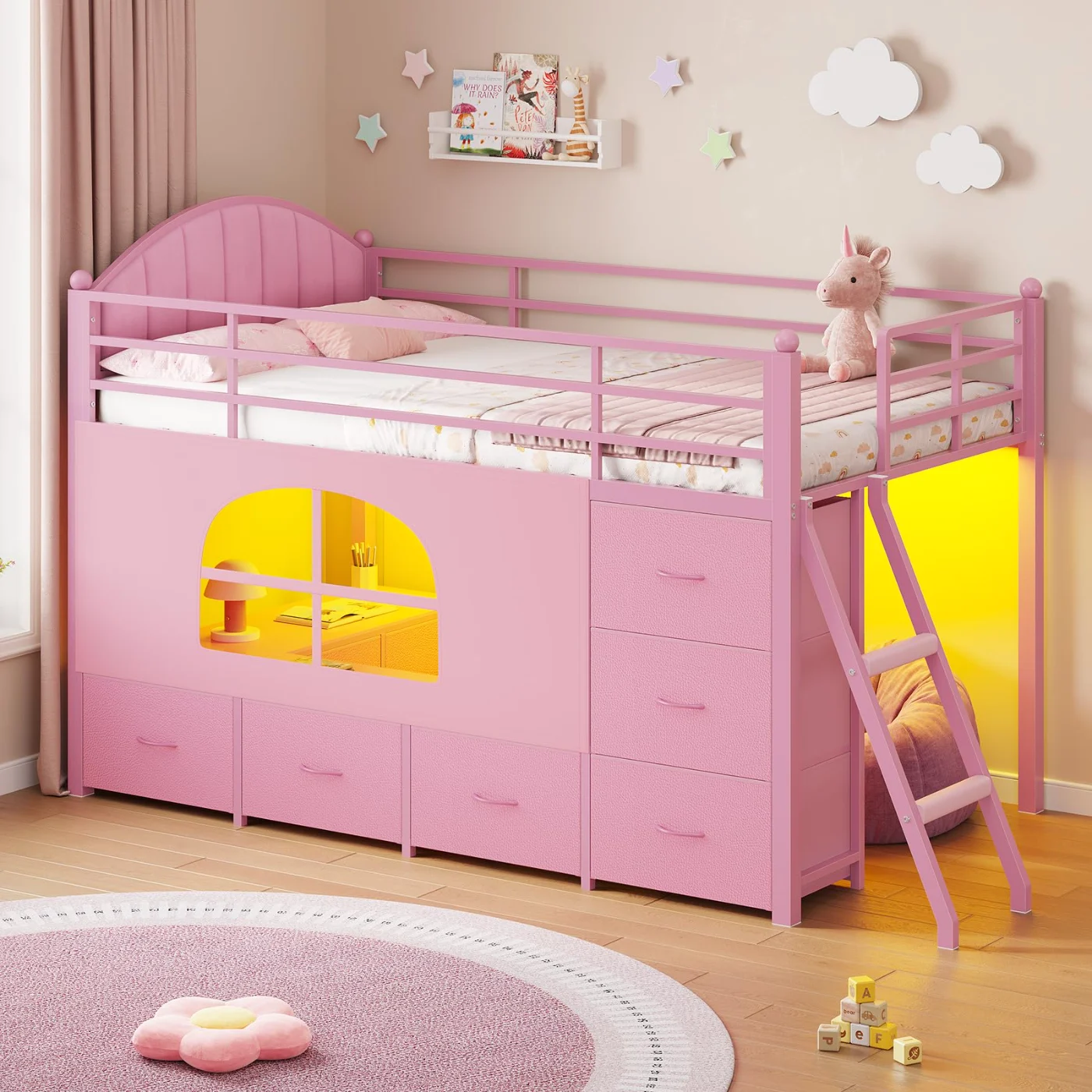 Twin Loft Bed with Storage Drawers, Pink, pink