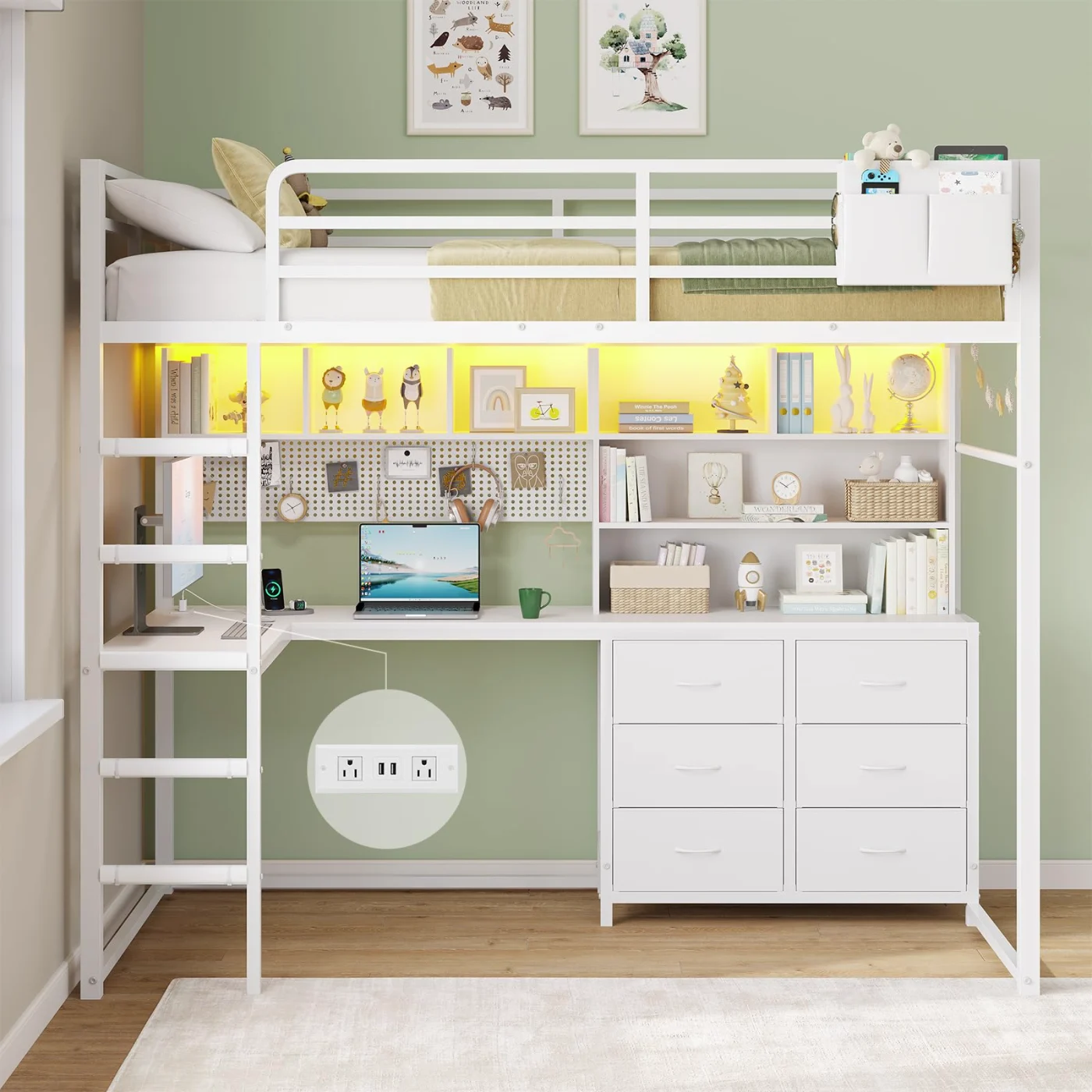 Twin Loft Bed with L-Shaped Desk, White (5NFL), white