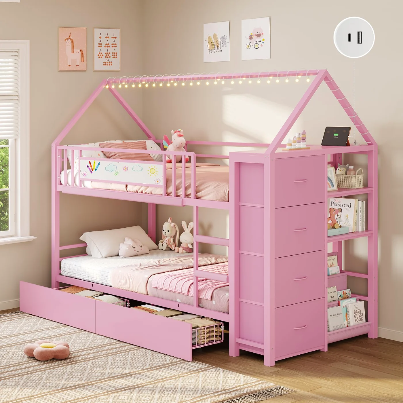 Twin Bunk Bed with Storage Drawers Globe String, Pink, pink