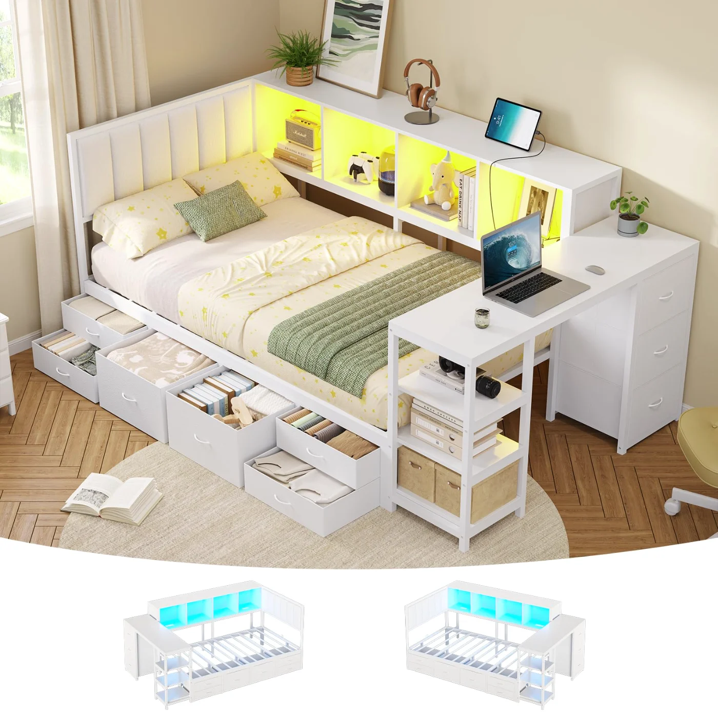 Twin Corner Bed with Charging Station Led Lights, white
