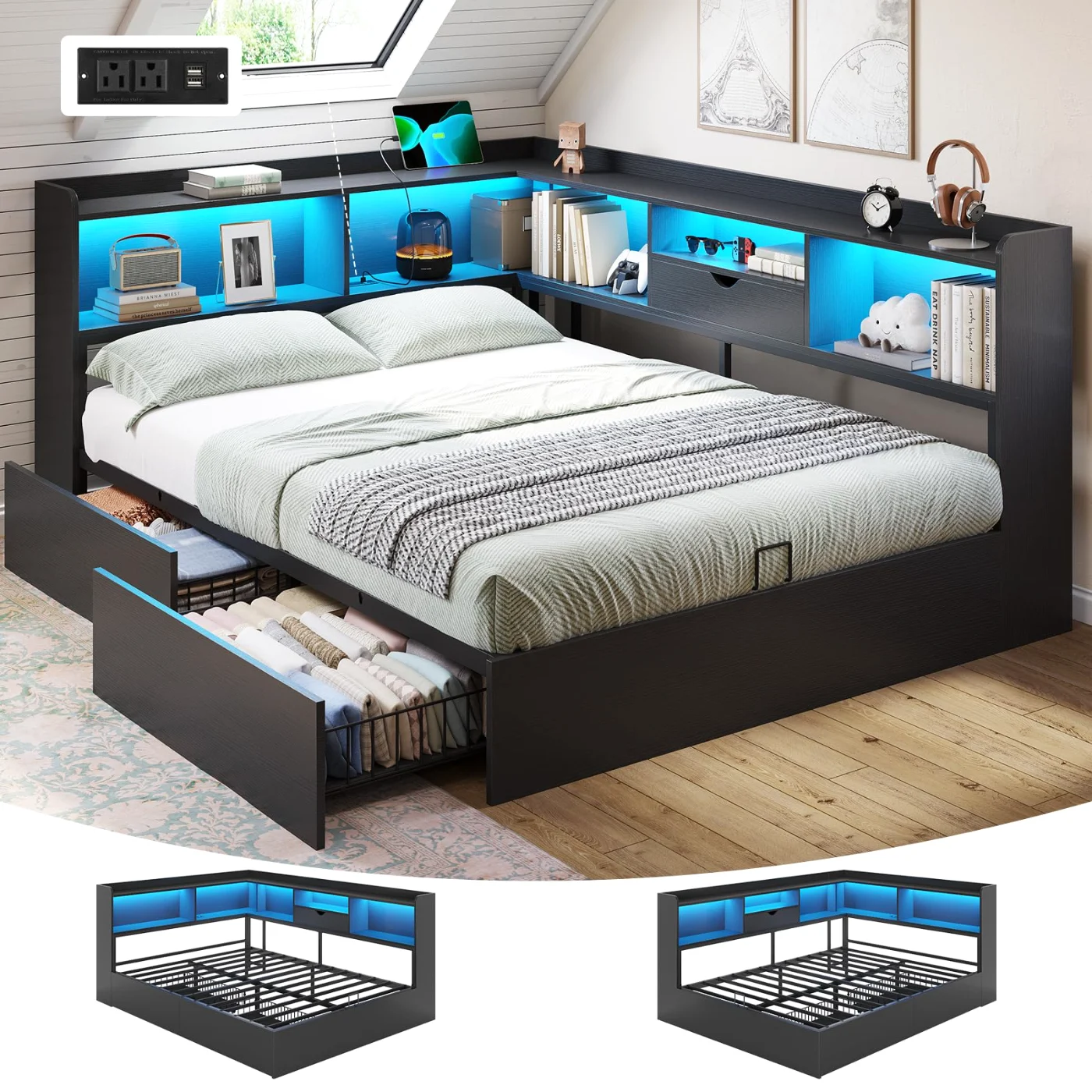 Twin Corner Bed with Storage Bookcase & Headboard, black