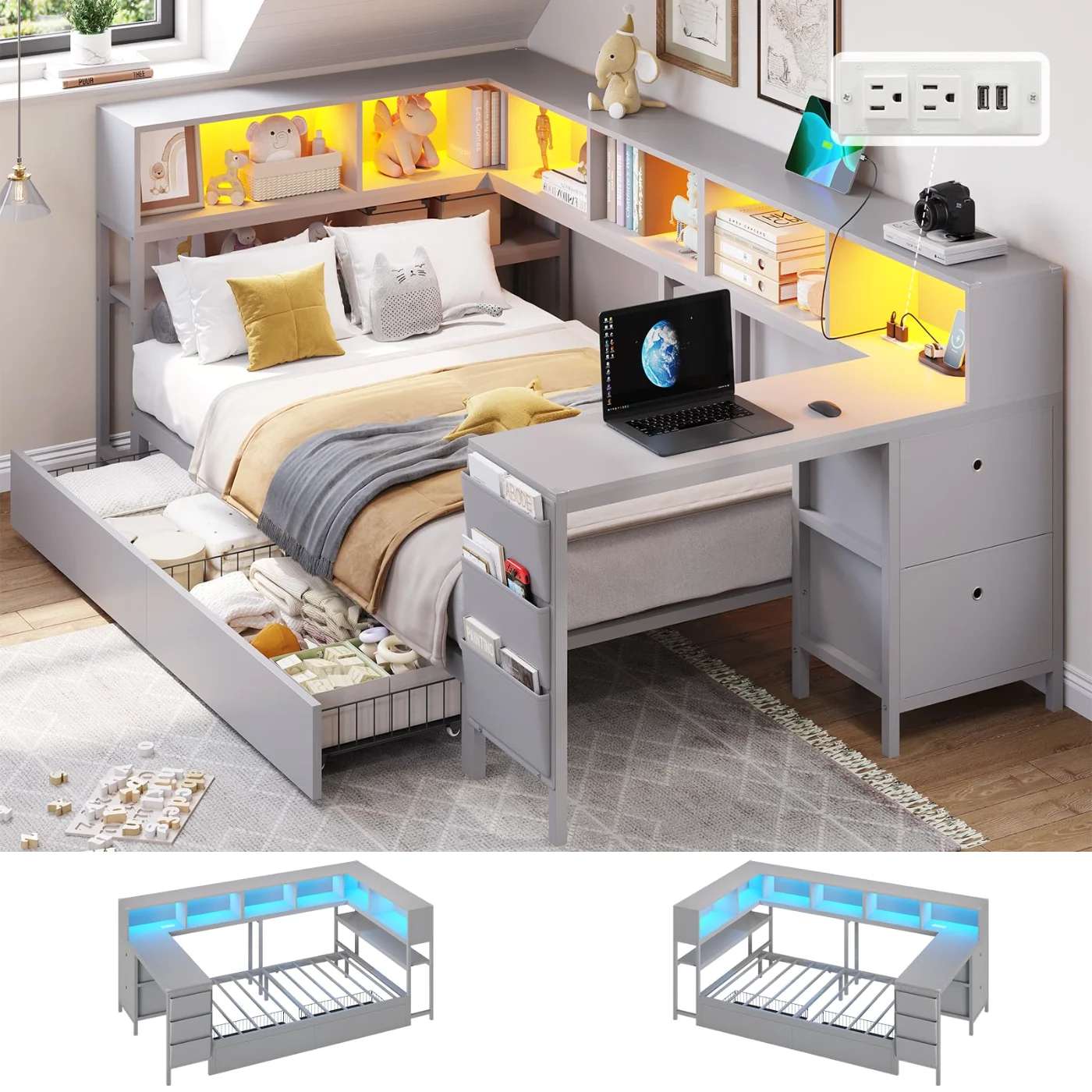 Twin Corner Bed with Desk Storage Bookcase, Grey, grey