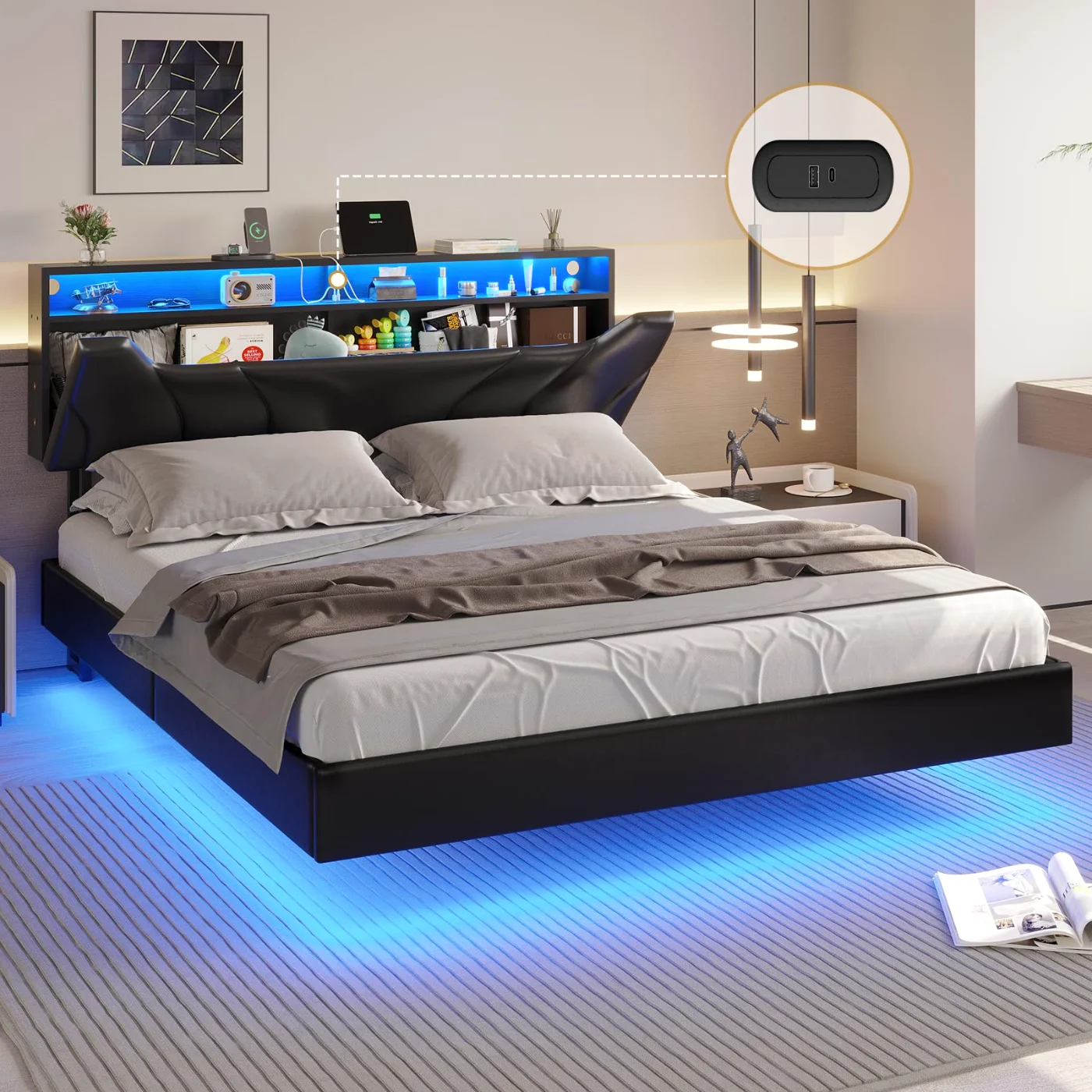 Queen Bed Frame with Storage Headboard Led Lights Visual, black