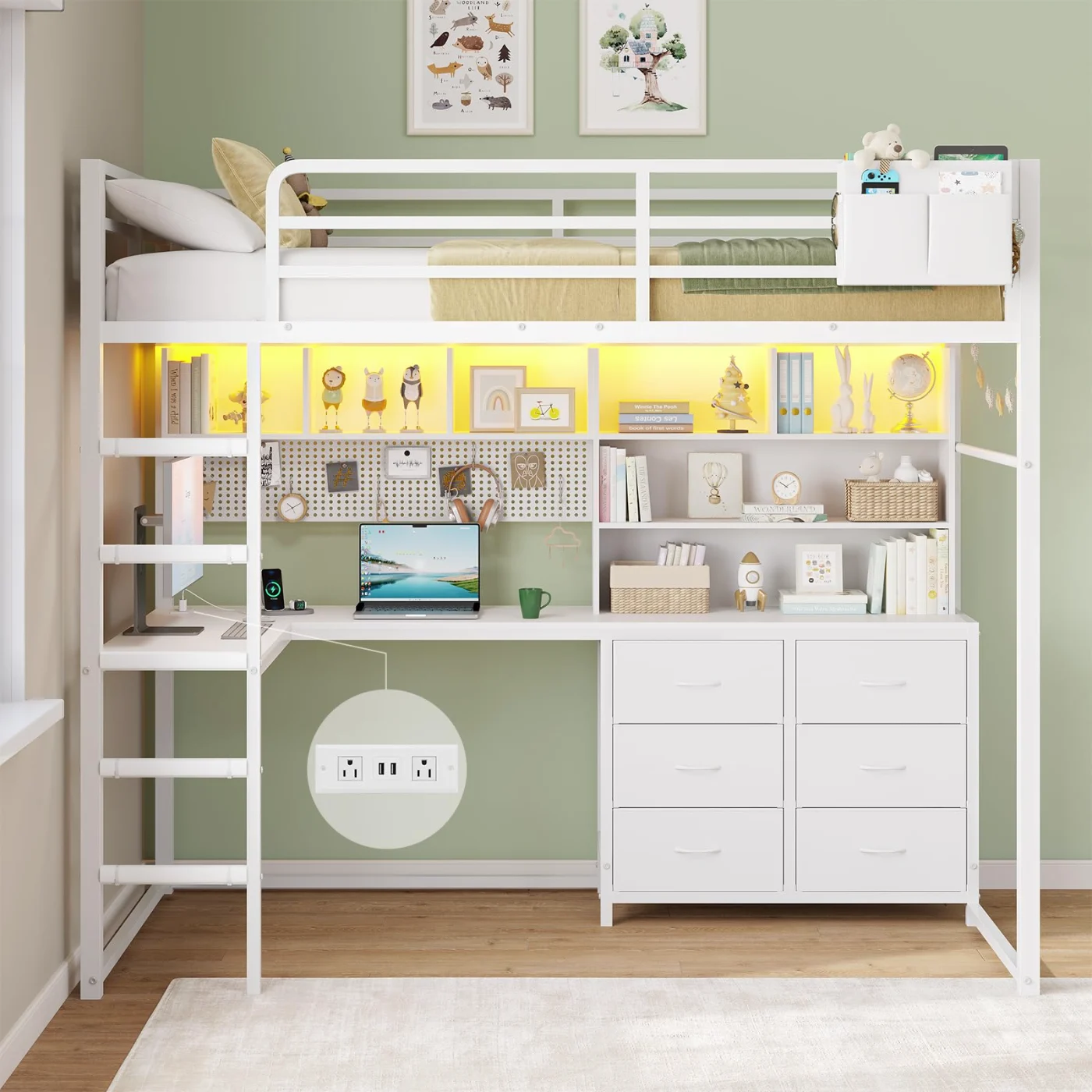 Full Loft Bed with L-Shaped Desk, White (Y5BH), white