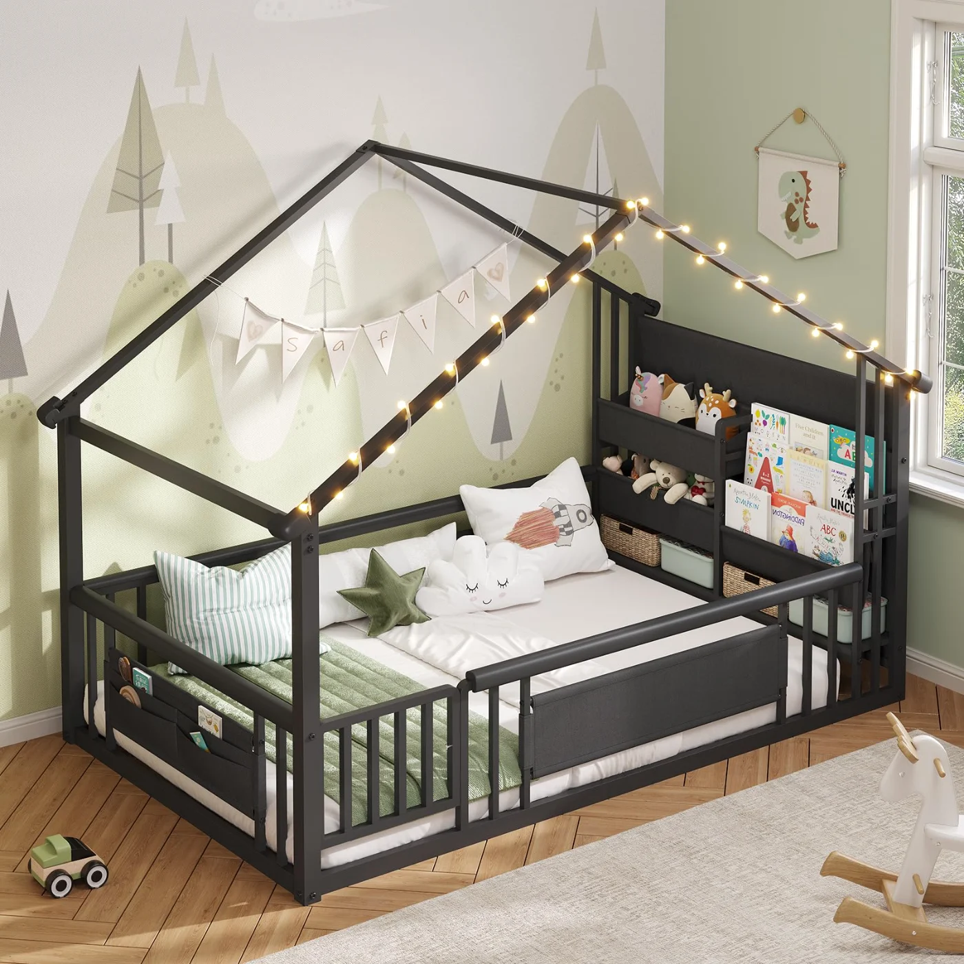 Twin Bed Frame with Storage Bookshelf Slats House Floor, black