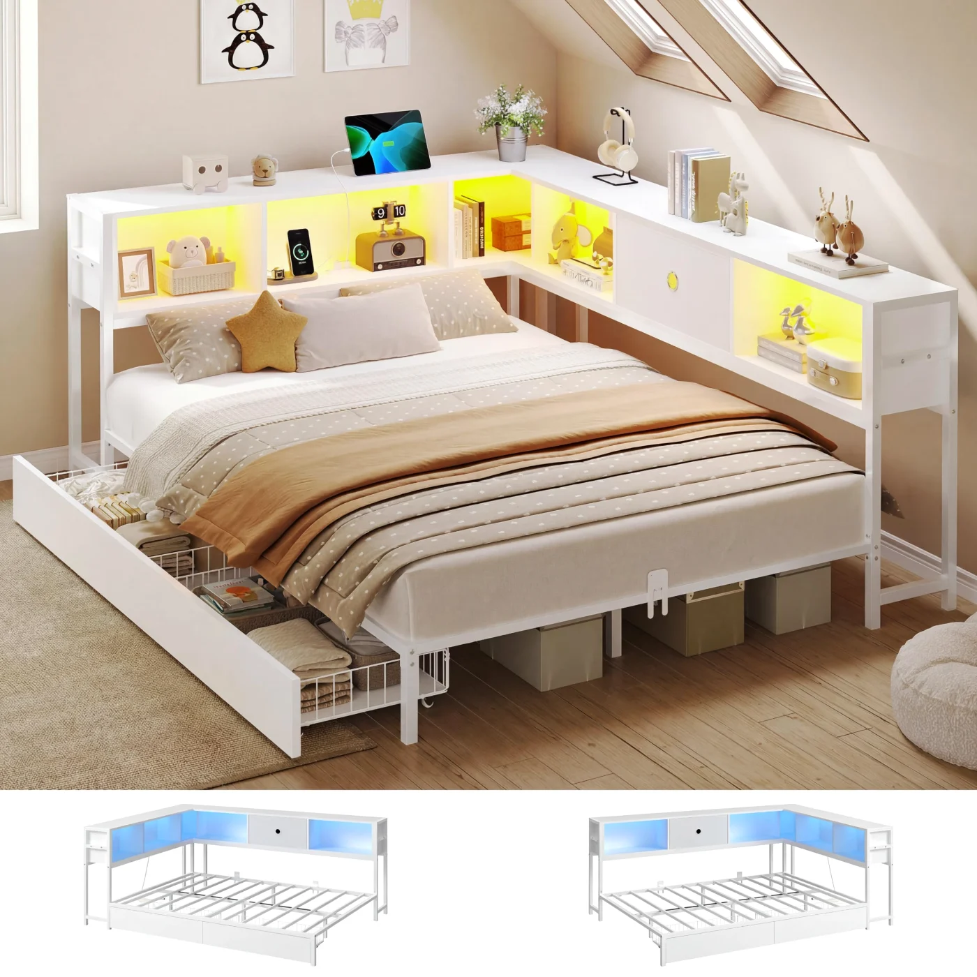 Twin Corner Bed with Storage Bookcase Drawers, white