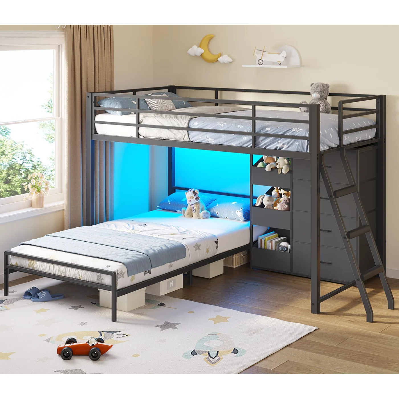Twin Bunk Bed with Storage Drawers, Black (T9NZ), black
