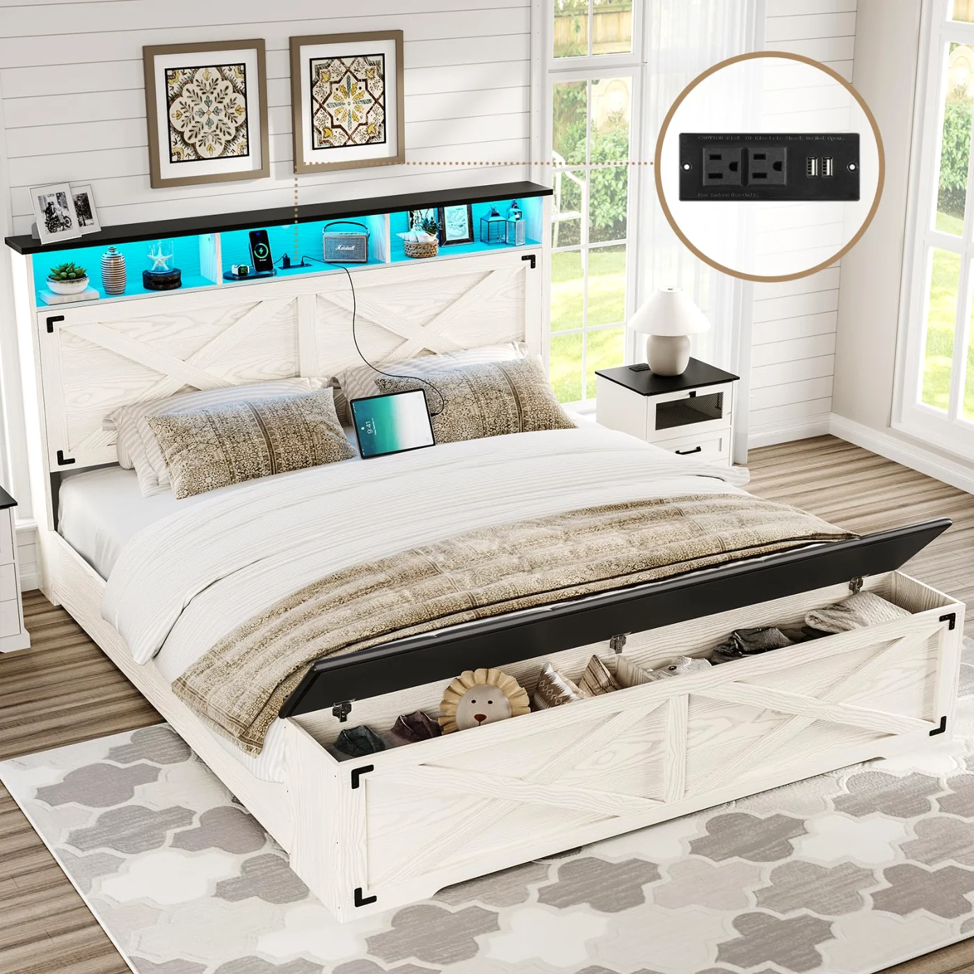 Queen Bed Frame with Storage Headboard, white