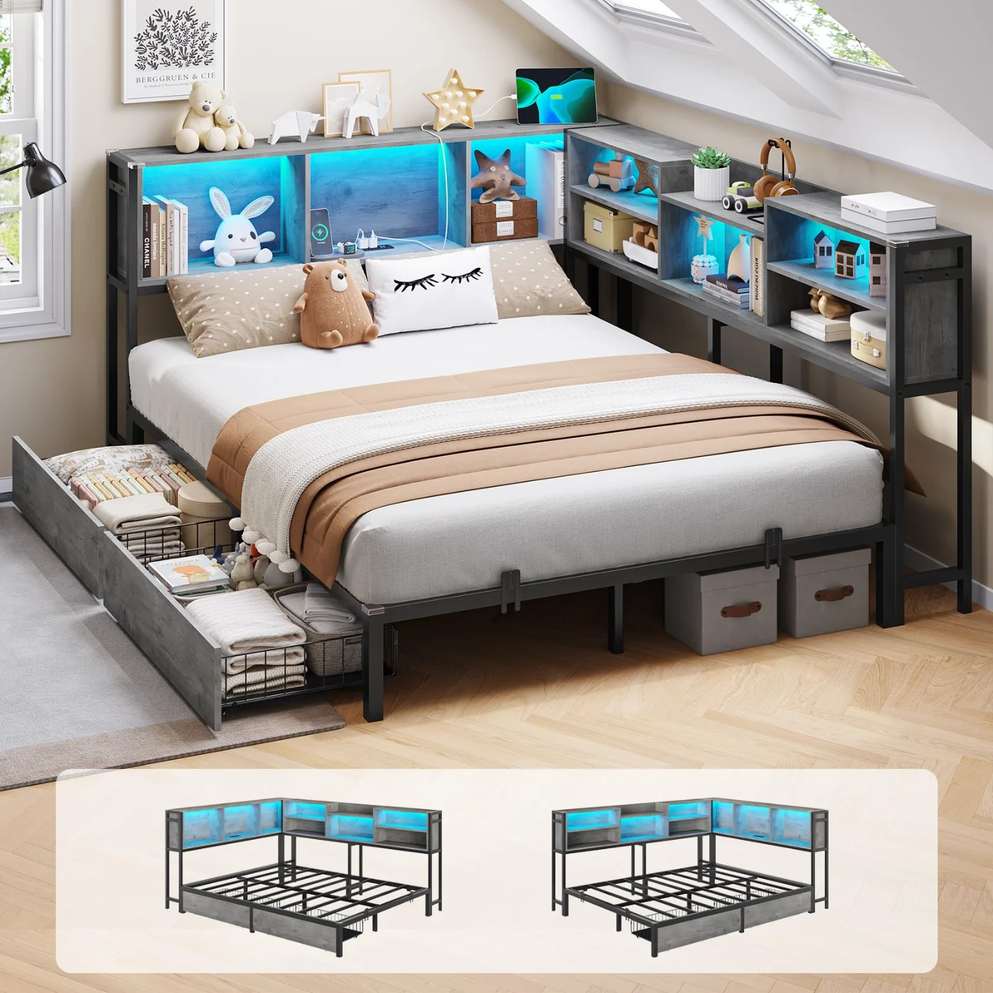 Full Corner Bed with Bookcase Storage Led Lights Drawers, grey