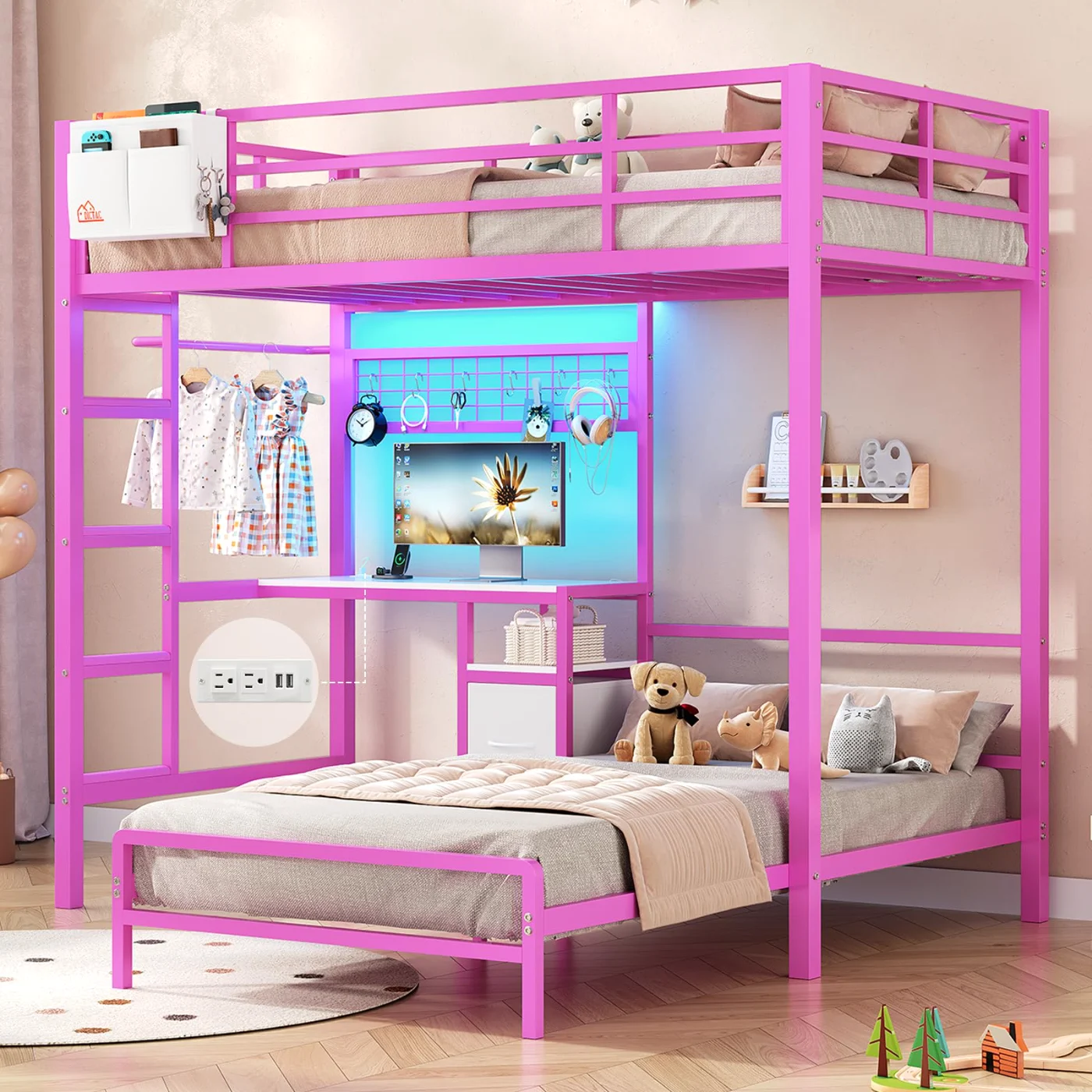 Twin Bunk Bed with Desk Storage L-Shaped Led Lights, pink