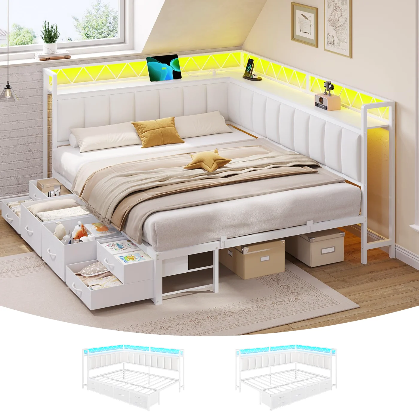 Full Corner Bed with Storage Drawers Upholstered Guardrail, white