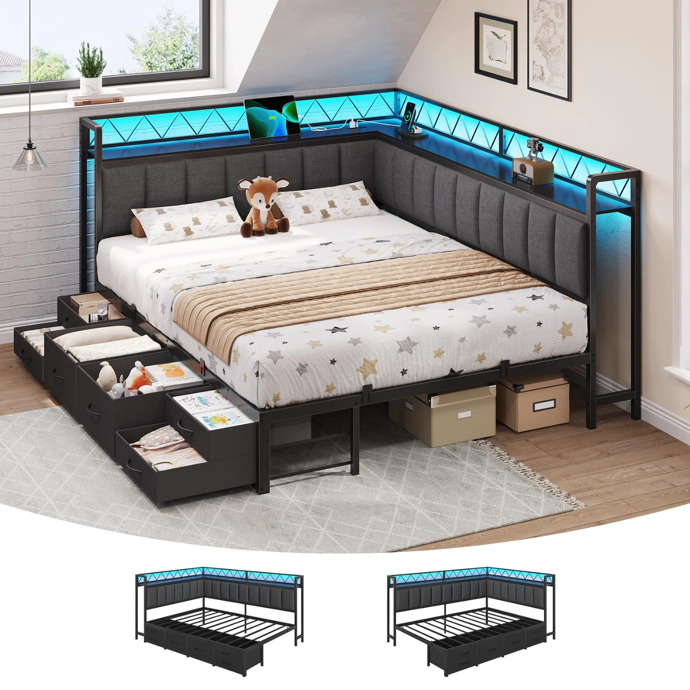 Queen Corner Bed with Storage Drawers, Grey, grey