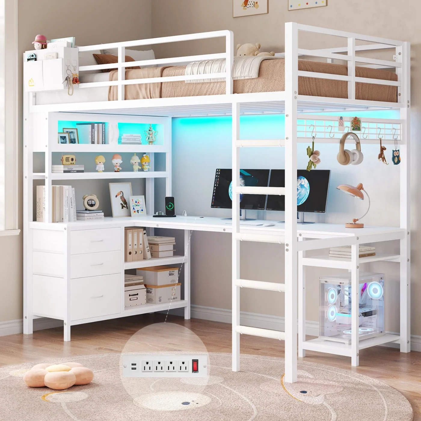 Twin Loft Bed with L-Shaped Desk, White (L9DL), white