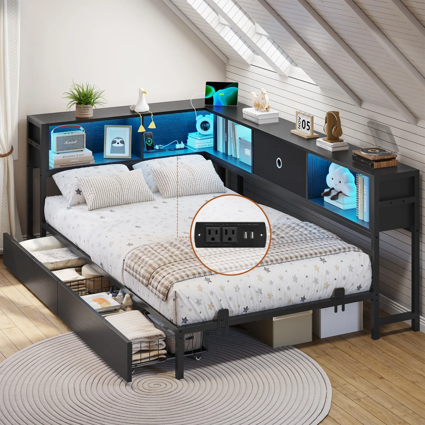 Twin Corner Bed with Bookcase Storage Led (74P4), black