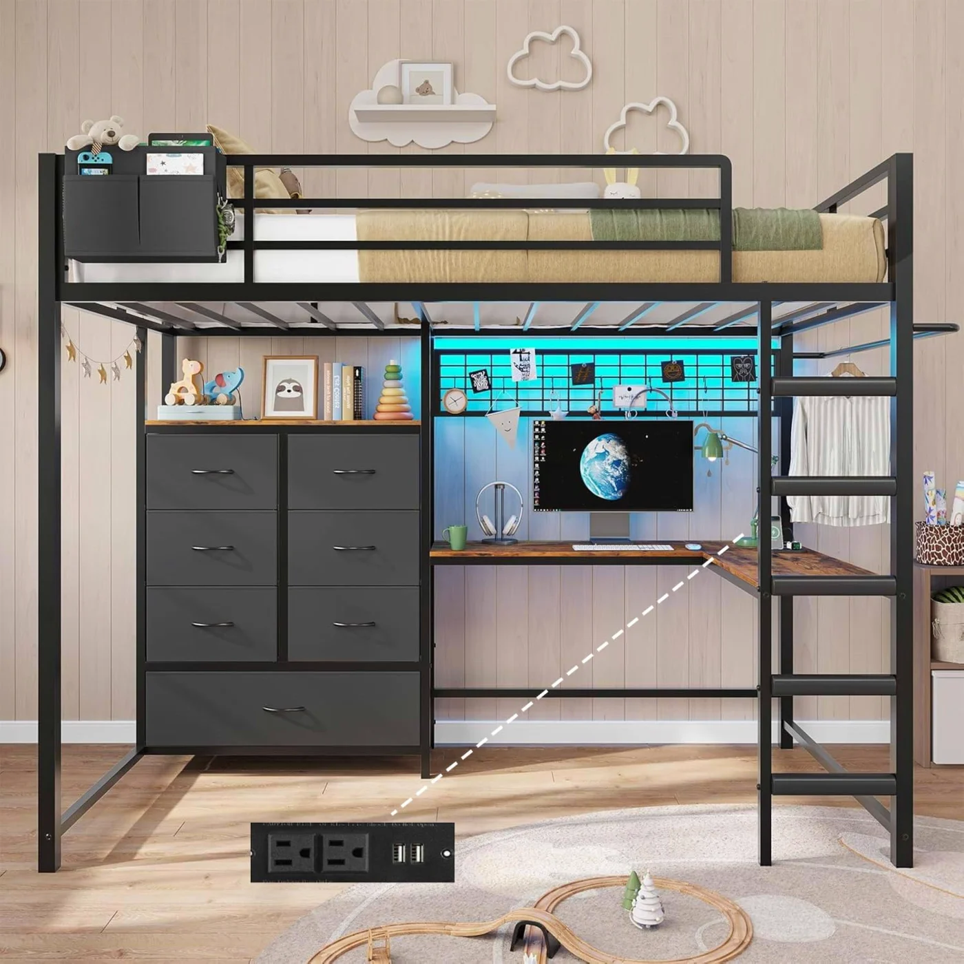 Full Loft Bed with L-Shaped Desk Storage, Black, black