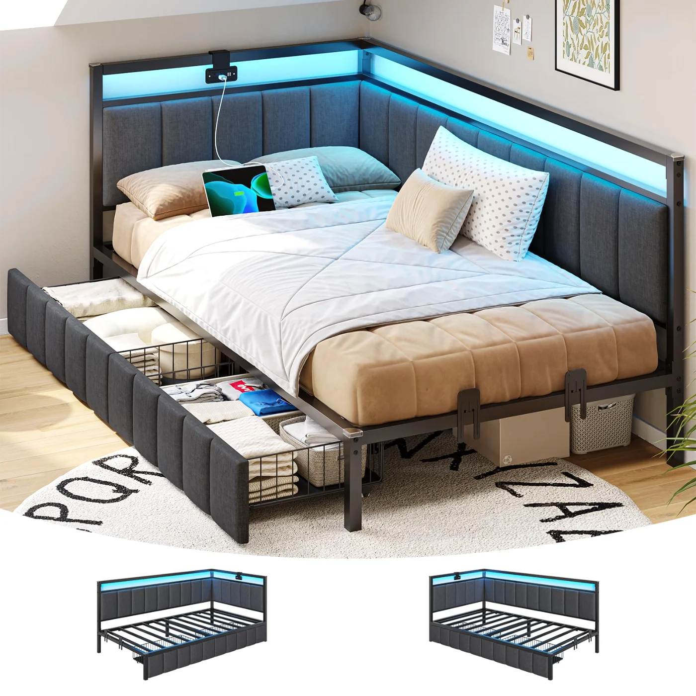 Twin Corner Bed with Storage Drawers Charging (9LMJ), grey