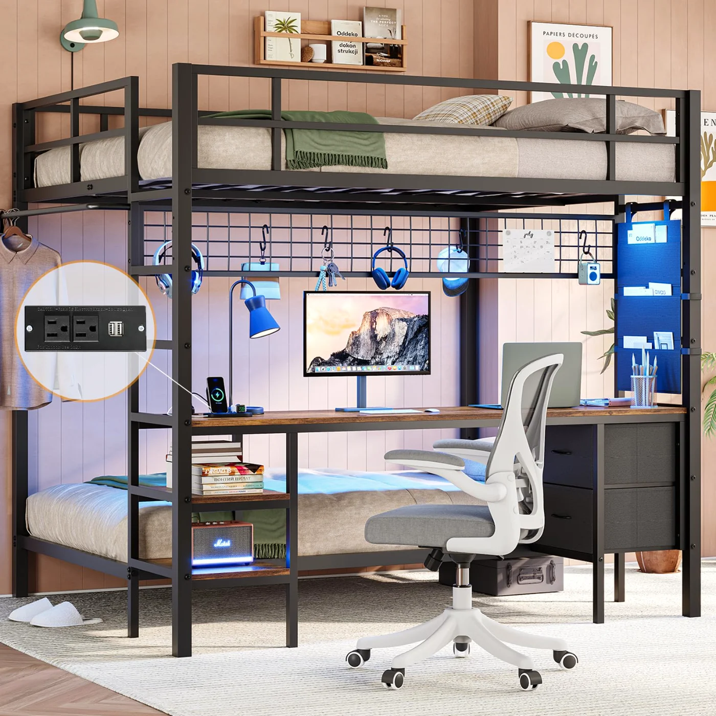 Twin Bunk Bed with Storage Drawers Shelves, black