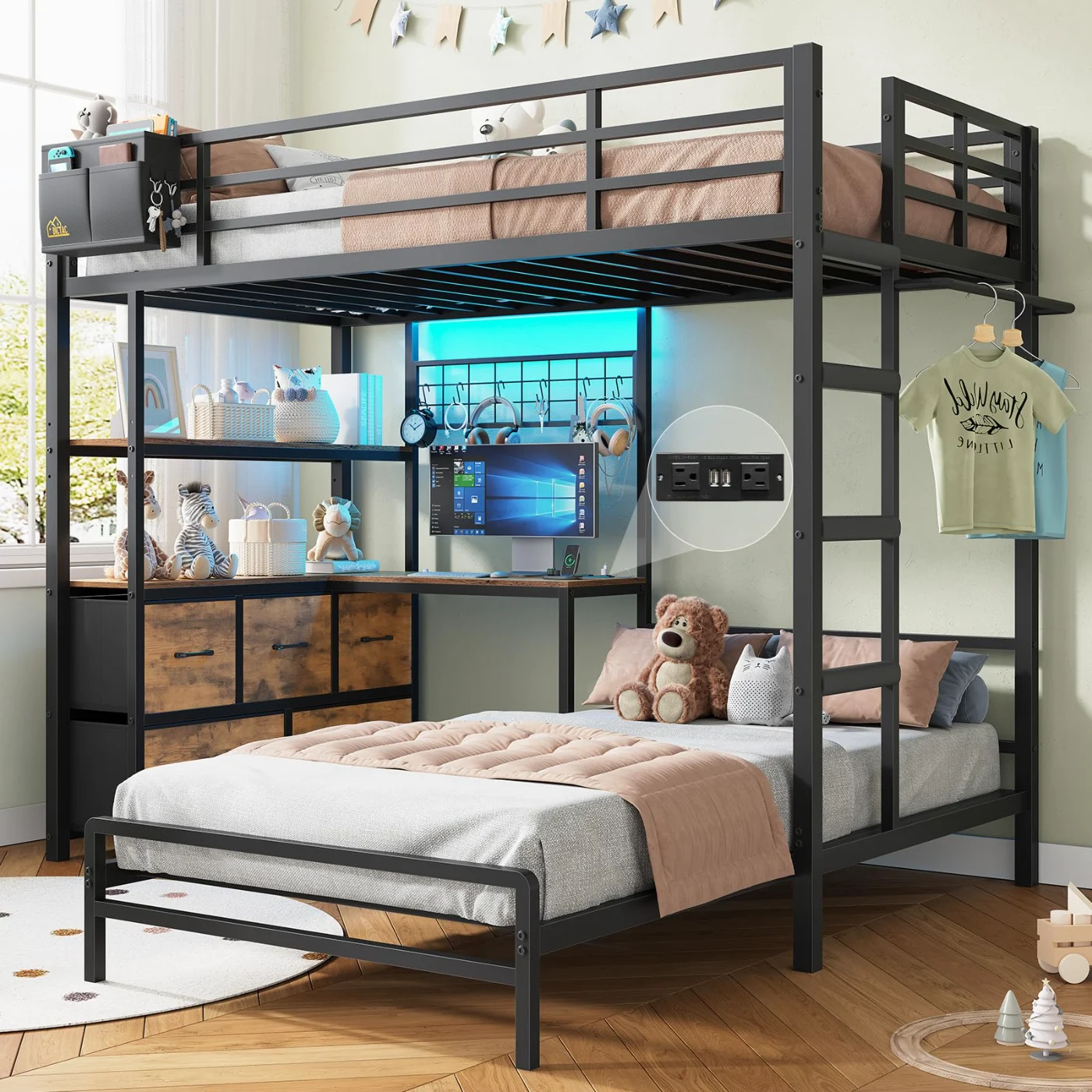 Twin Bunk Bed with Storage Drawers -Tier Open, Black, black