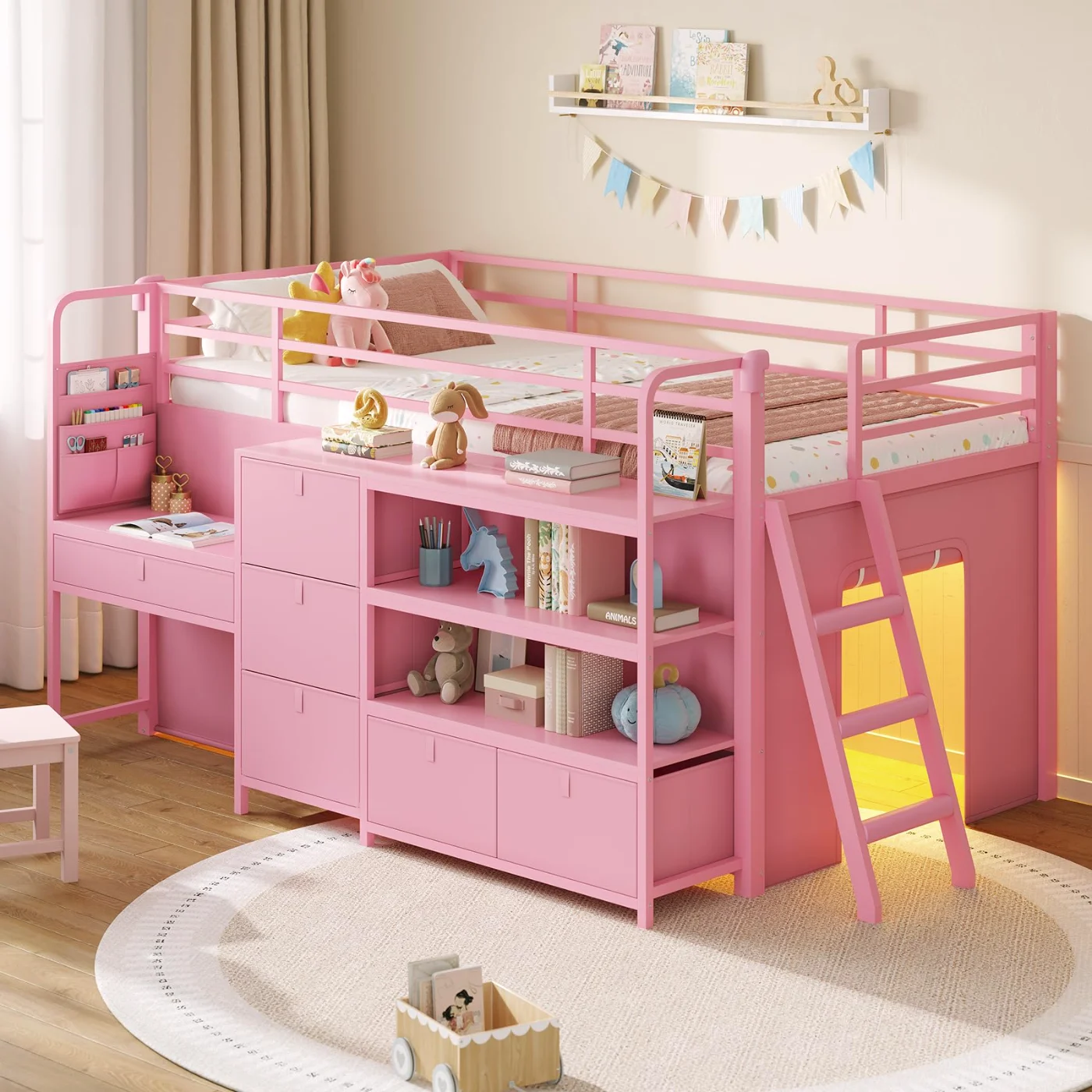 Twin Loft Bed with Desk Storage Drawers, Pink, pink