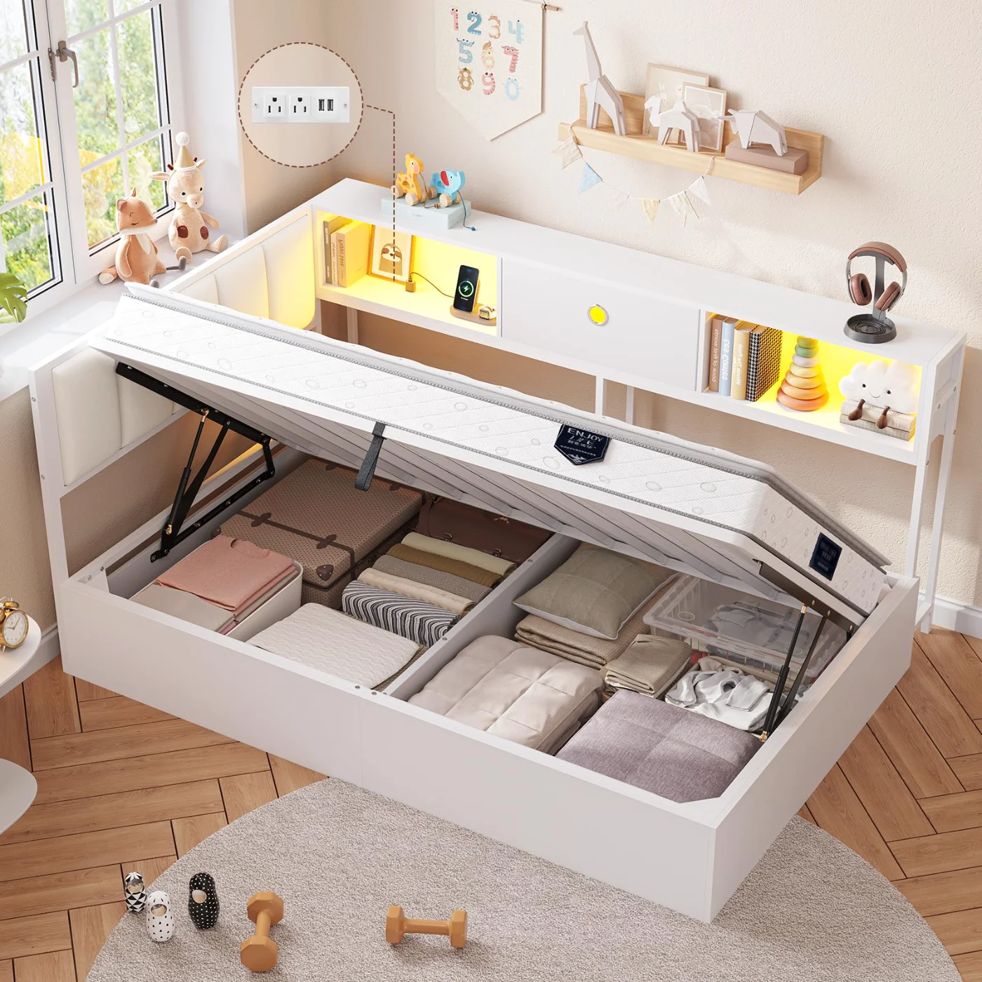 Twin Bed Frame with Led Lights Charging Station Bookcase, white