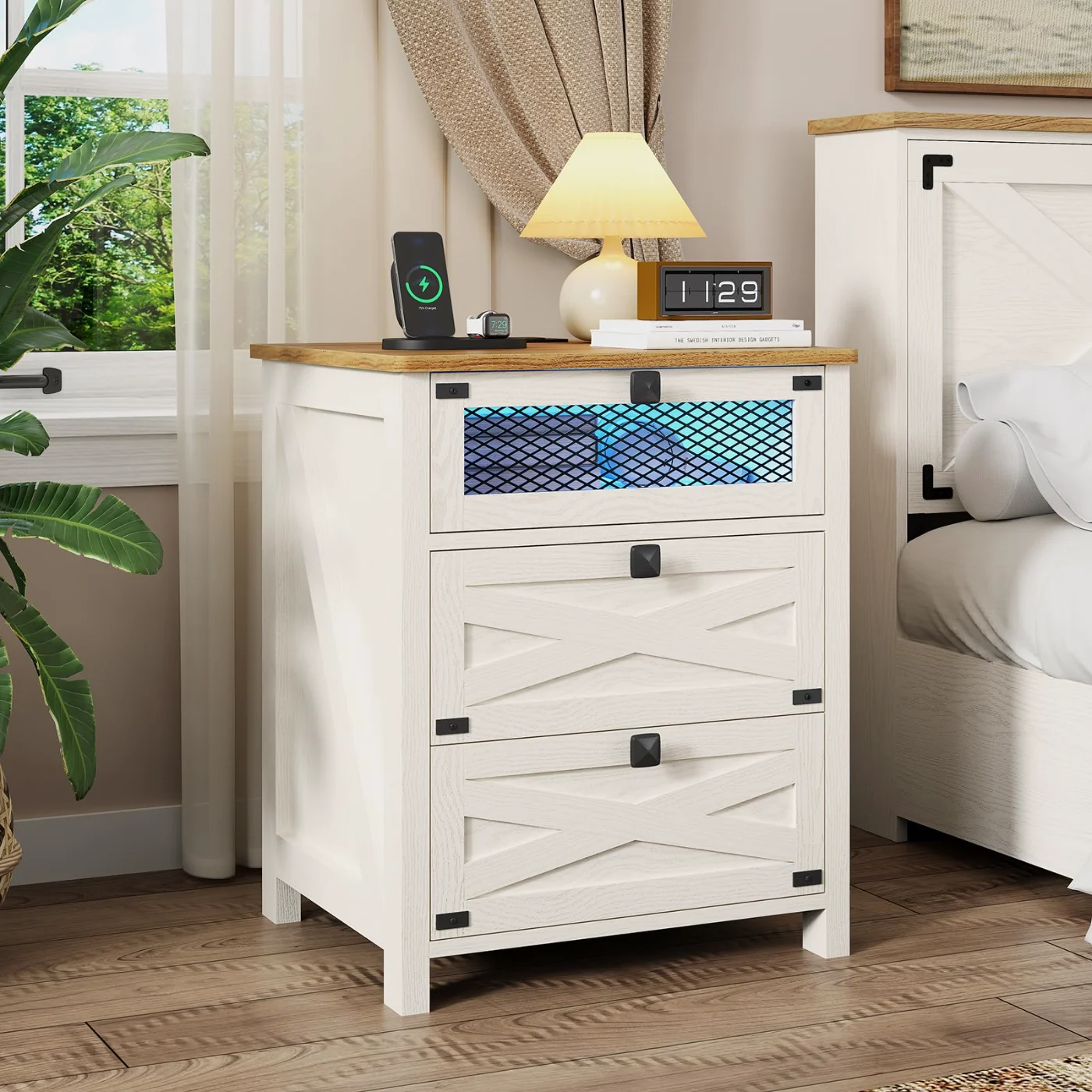 White Nightstand Set Of With Charging Station, brown