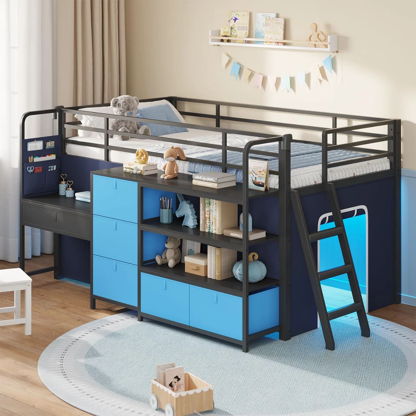 Twin Loft Bed with Desk Storage Drawers, Blue, blue