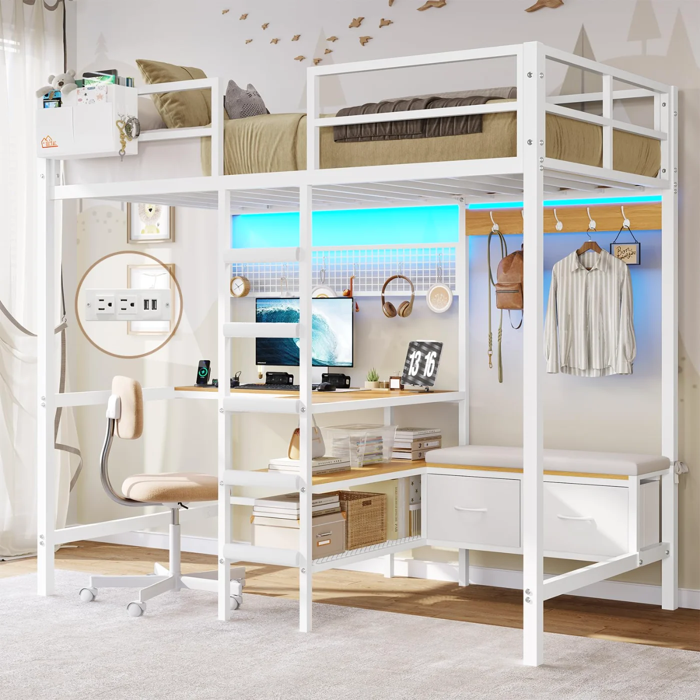 Twin Loft Bed with L-Shaped Desk, White (HR2R), white
