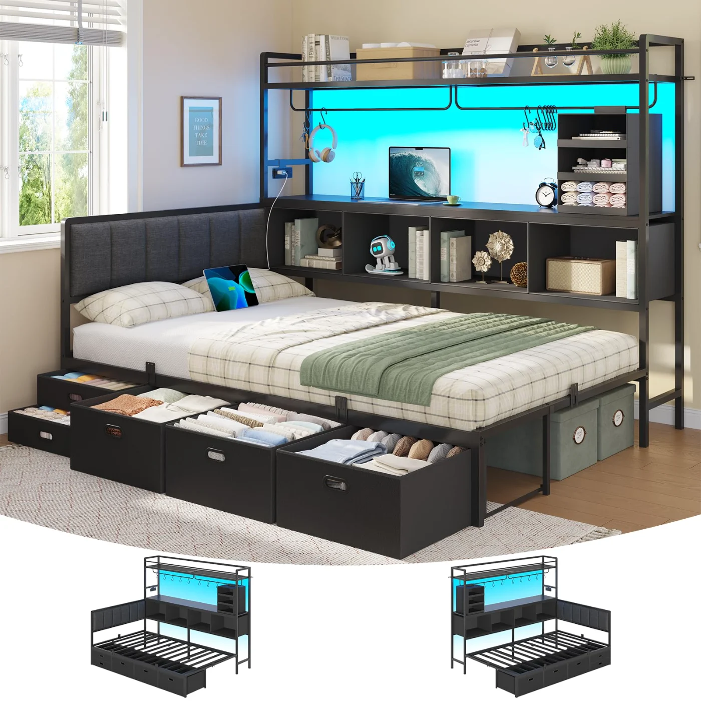 Twin Corner Bed with Storage Bookshelf, black