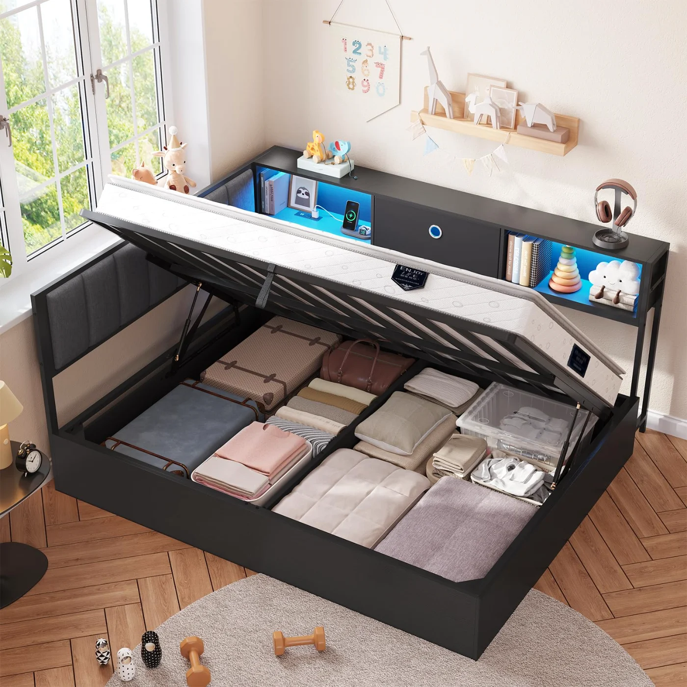 Twin Corner Bed with Led Lights Charging Station Kid, black