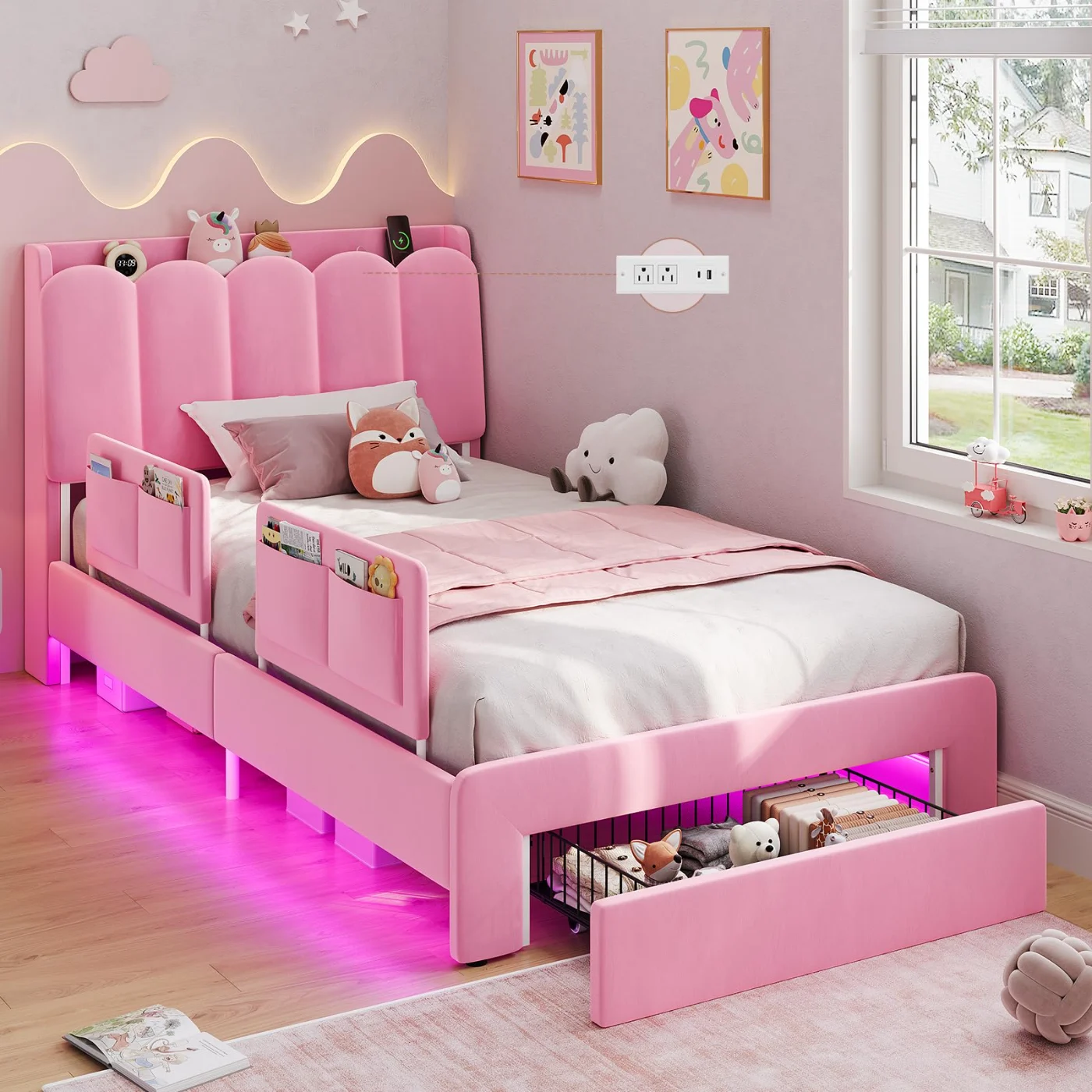 Twin Bed Frame with Storage Drawer Safety, Pink, pink