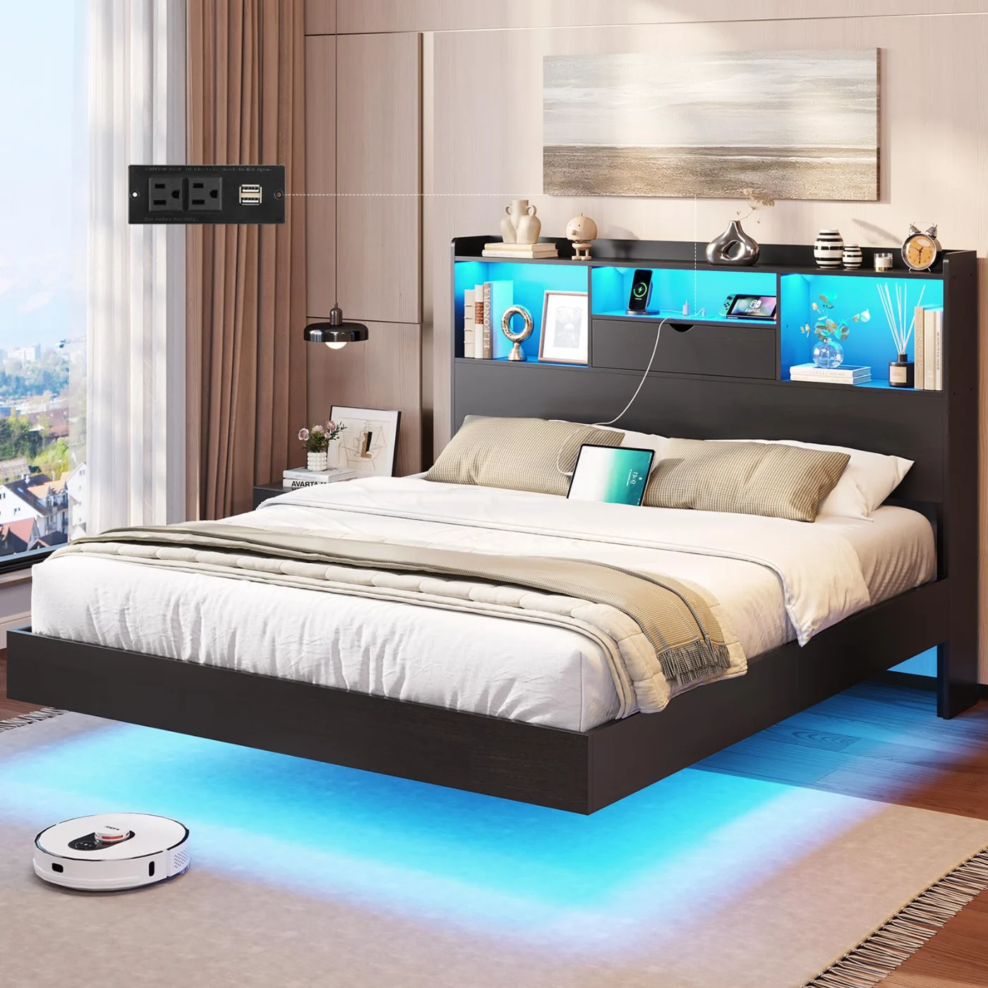 Queen Bed Frame with Led Lights Storage Headboard, black