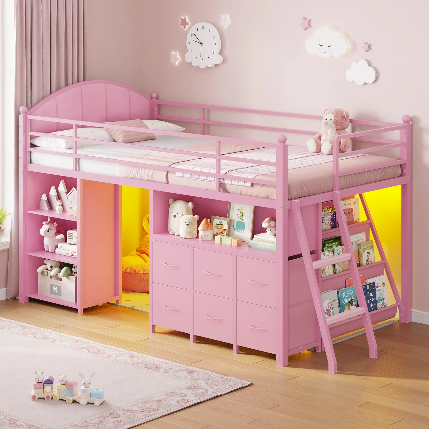 Twin Loft Bed with Drawers & Bookcase, Pink, pink