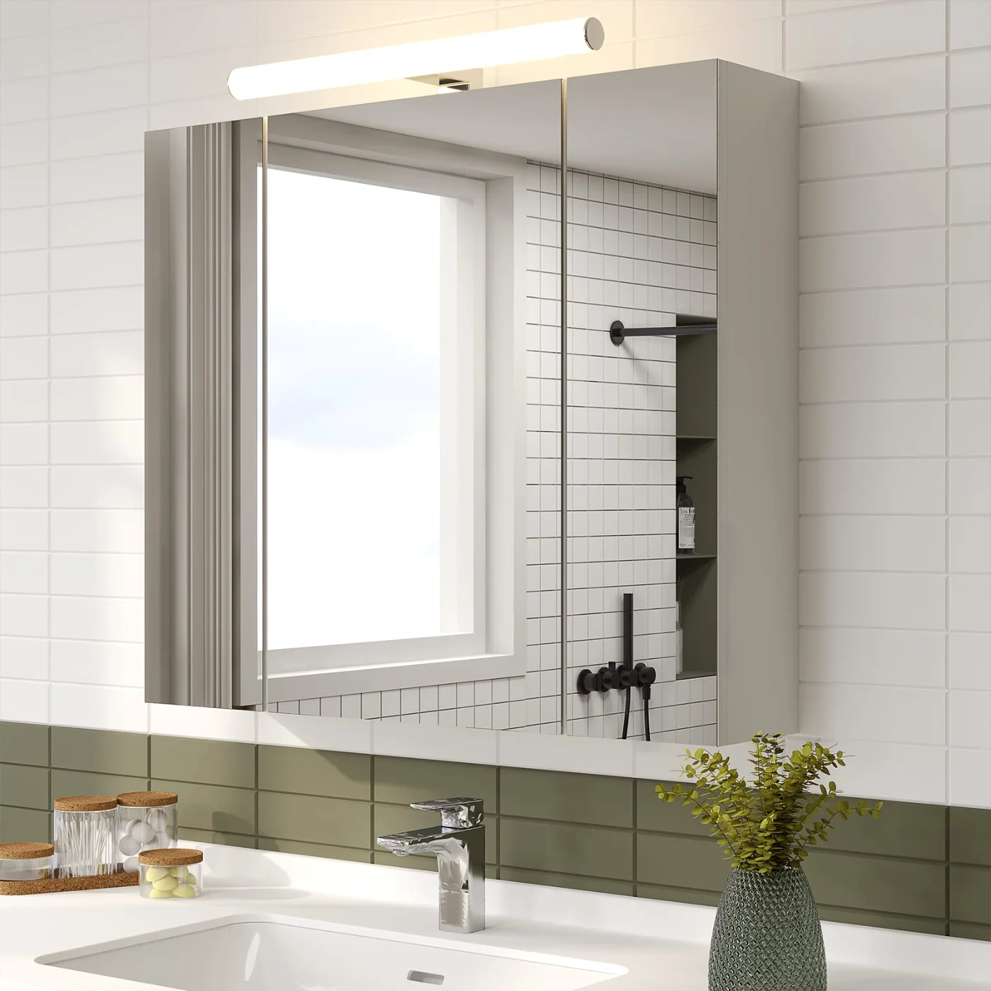 Lighted Medicine Cabinet With Mirror & Outlets, black