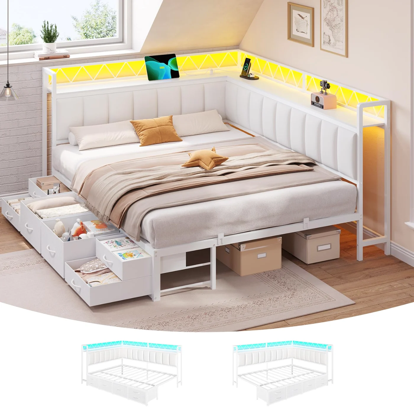 Twin Corner Bed with Storage Drawers, White, white