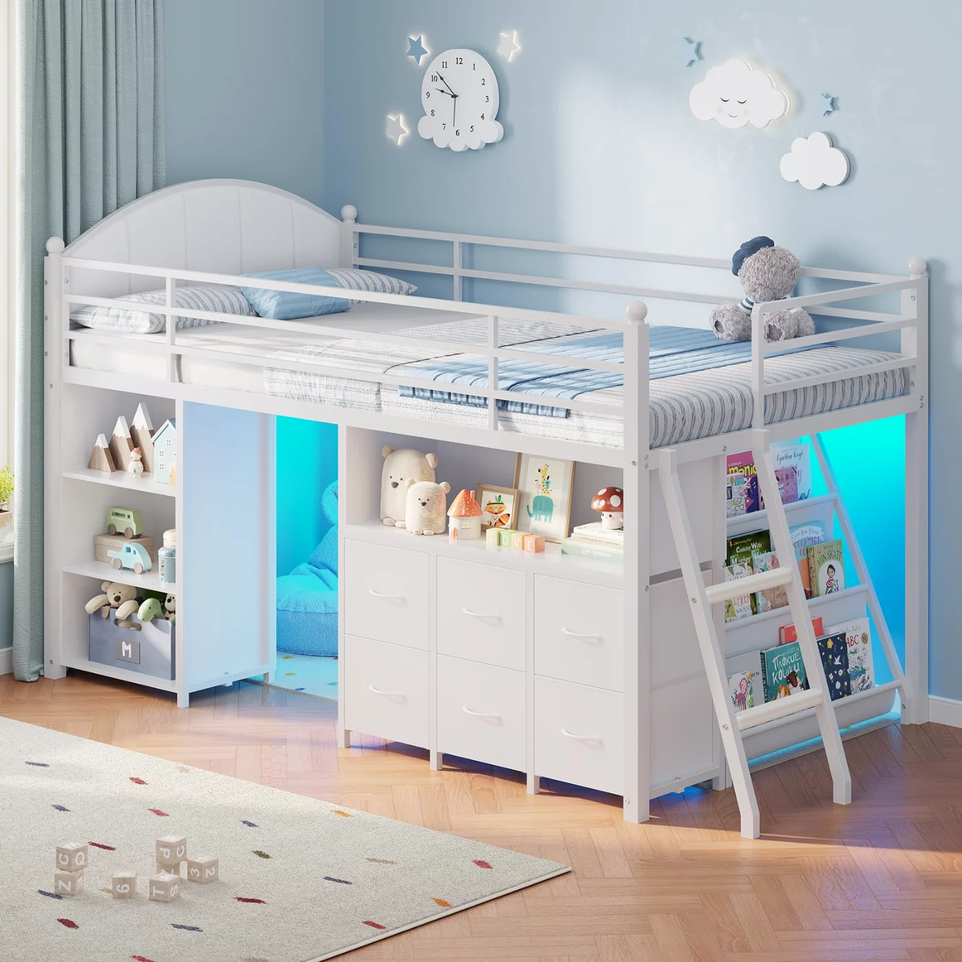 Twin Loft Bed with Drawers & Bookcase, White, white