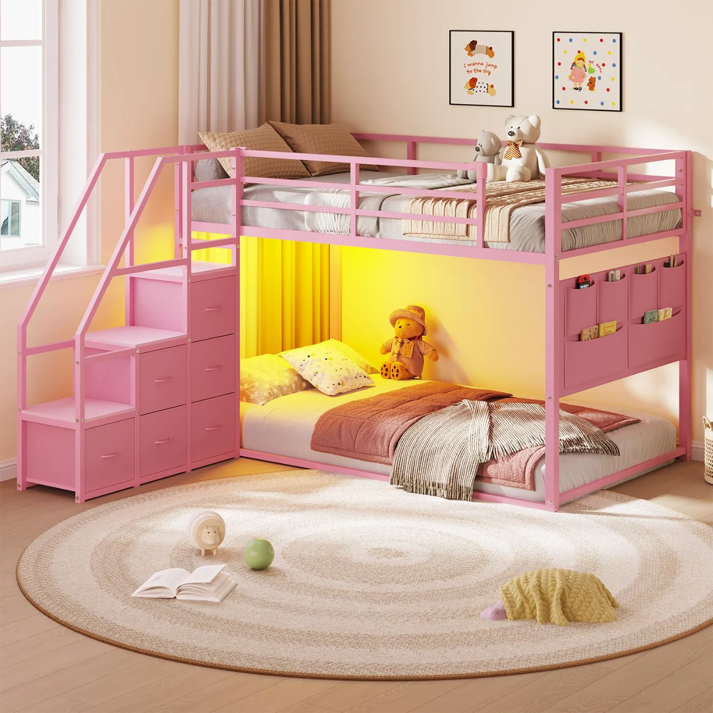 Twin Bunk Bed with Storage Staircase Led Lights, Pink, pink