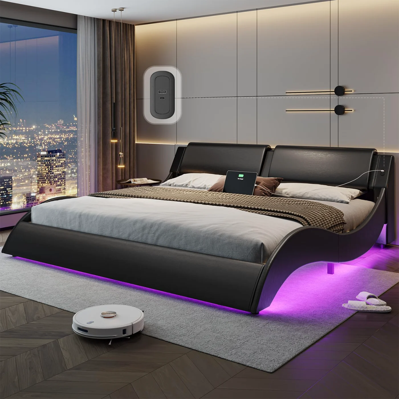 King Bed Frame with Charging Ports Headboard Led Lights, black