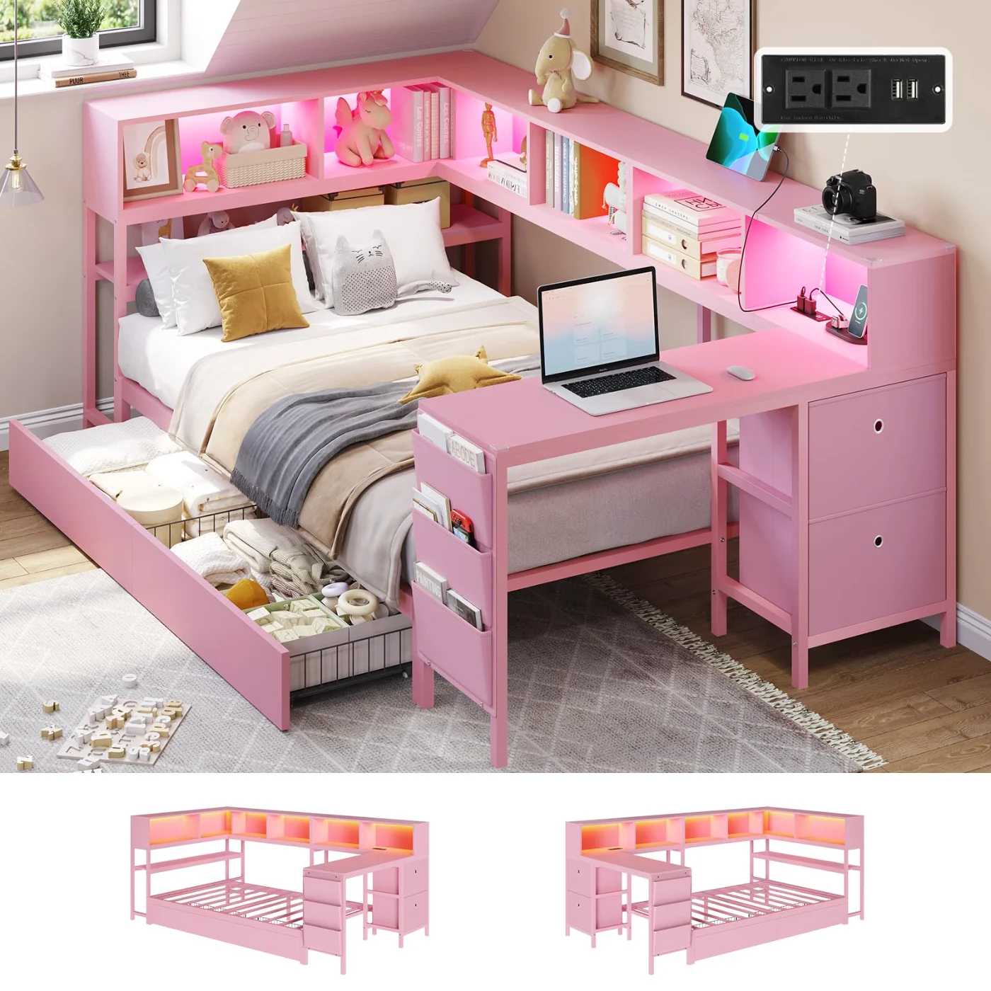 Twin Corner Bed with Storage Drawers Led Lights Open, pink