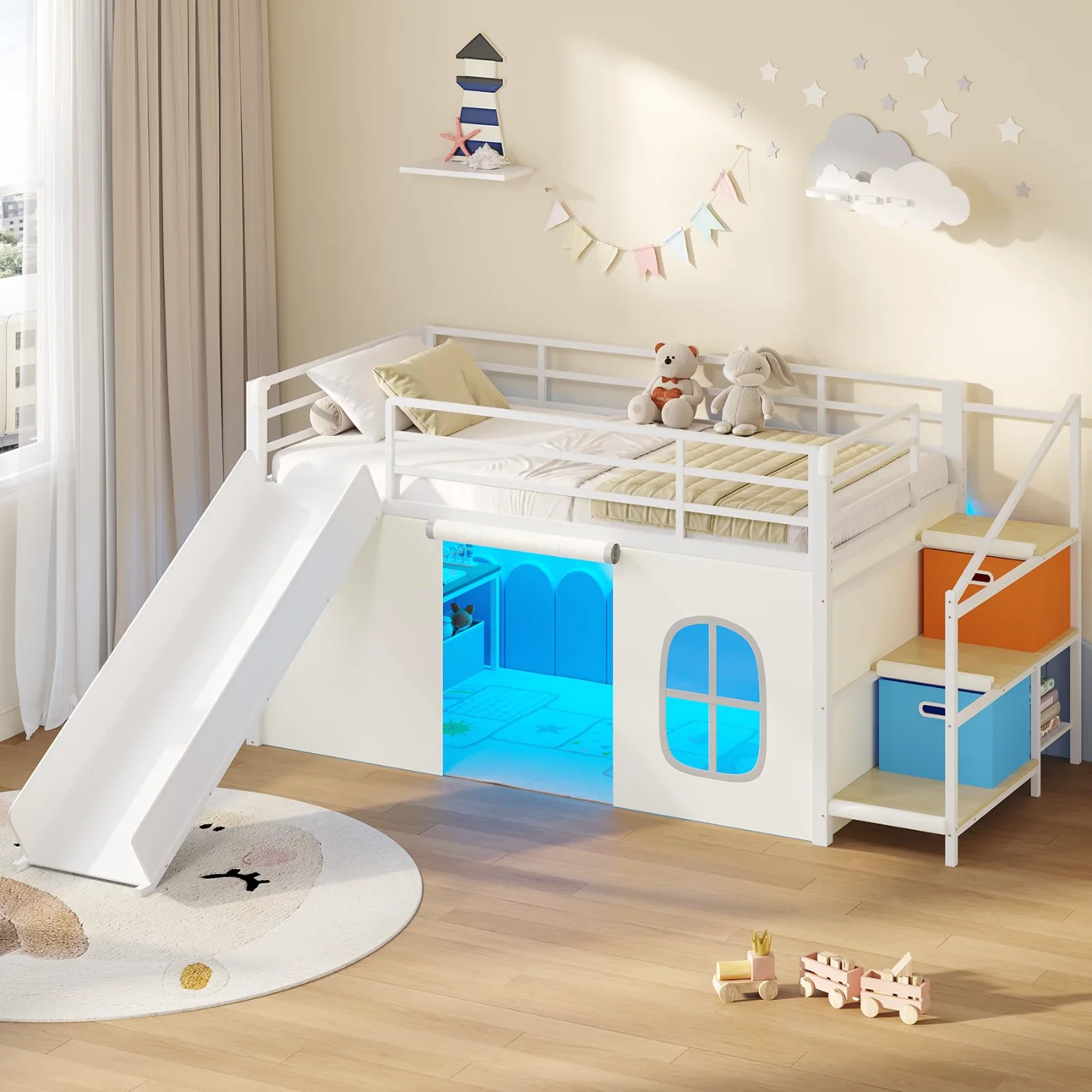 Twin Loft Bed with Under- Play Space, White, white