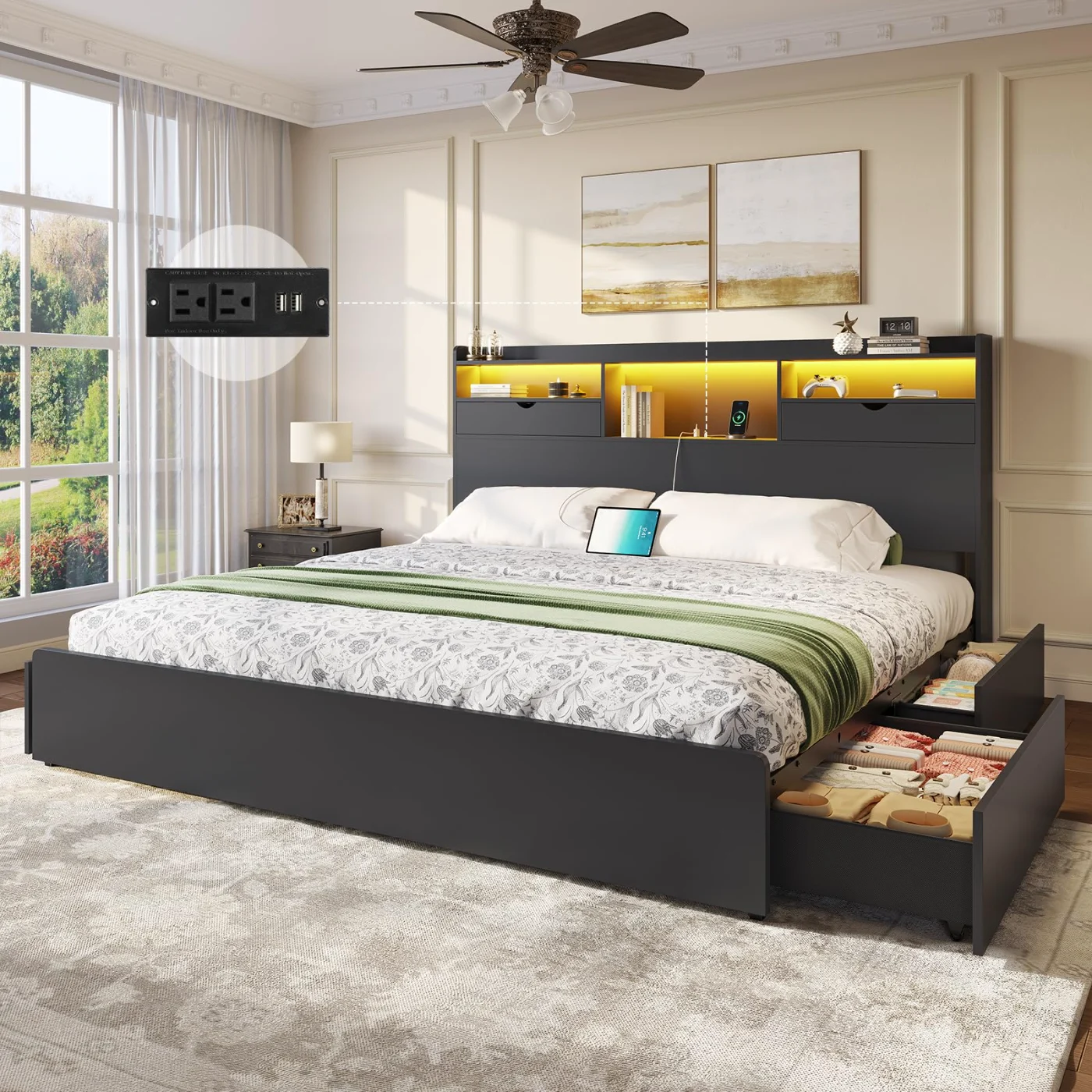 Cal King Bed Frame with Storage Headboard Underneath Drawers, black