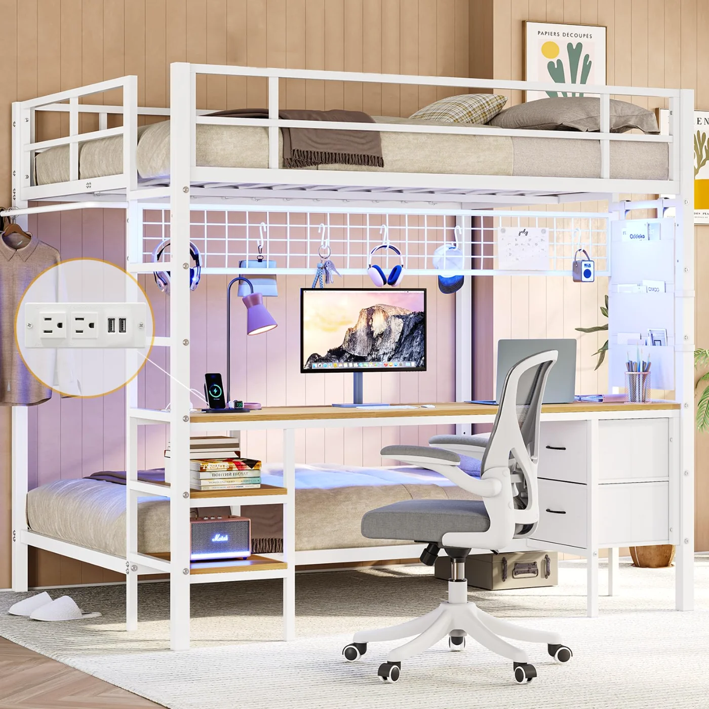 Twin Loft Bed with Storage Drawers Shelves, white