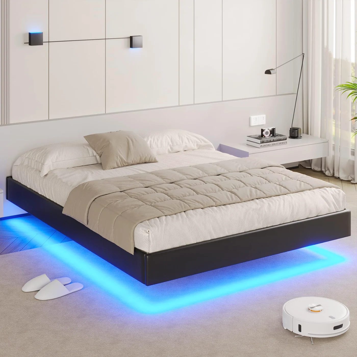 Queen Bed Frame with Led Lights Upholstered No Headboard, black