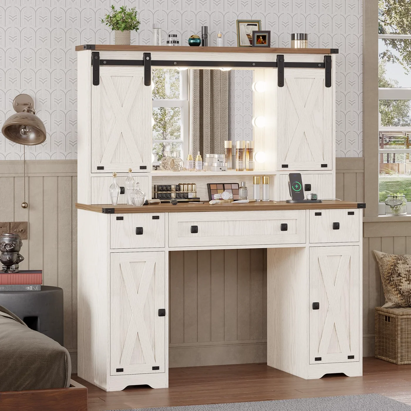 Farmhouse Makeup Vanity Desk With Lighted Mirror, white