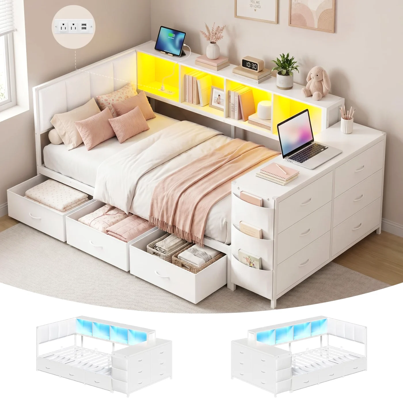 Twin Corner Bed with Storage Dresser, White, white