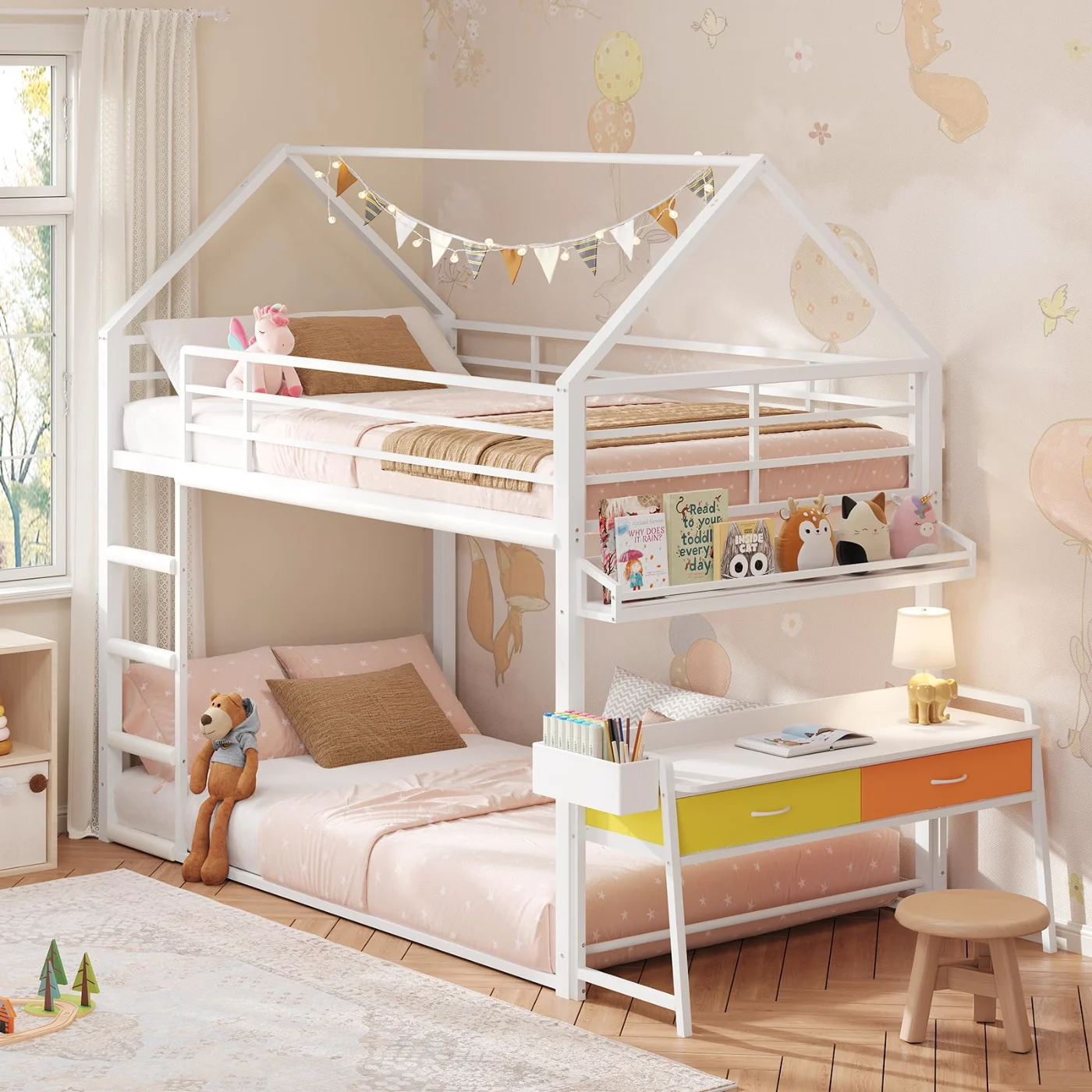 Twin Bunk Bed with Desk Drawers, white