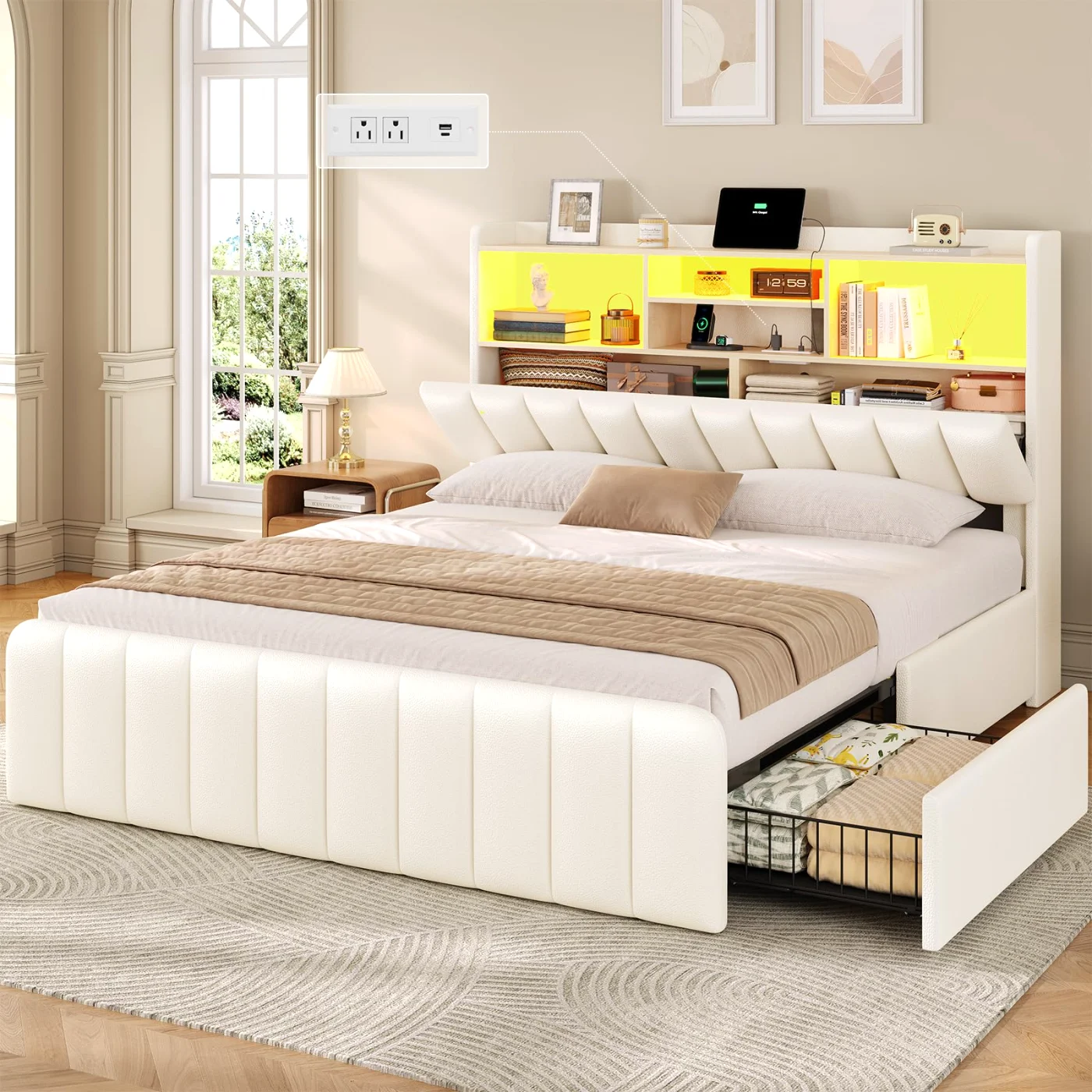 Queen Bed Frame with Bookcase Headboard, White, white